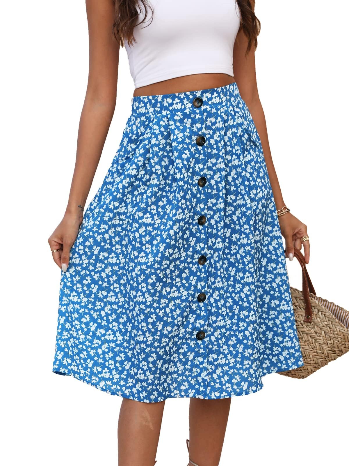 Naggoo Womens Summer Skirts Casual Front Button A-Line High Waisted Midi Skirt with Pockets