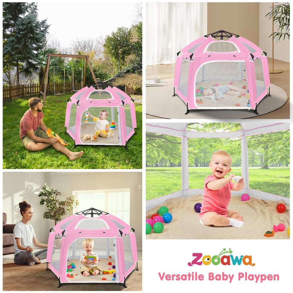 Pop Up Playpen for Baby, Portable Playpen for Babies and Toddlers with Removable Sun-Shades& 2 Side UV Covers, Lightweight Outdoor Baby Play-Pen for Beach Home with Travel Bag, Beige