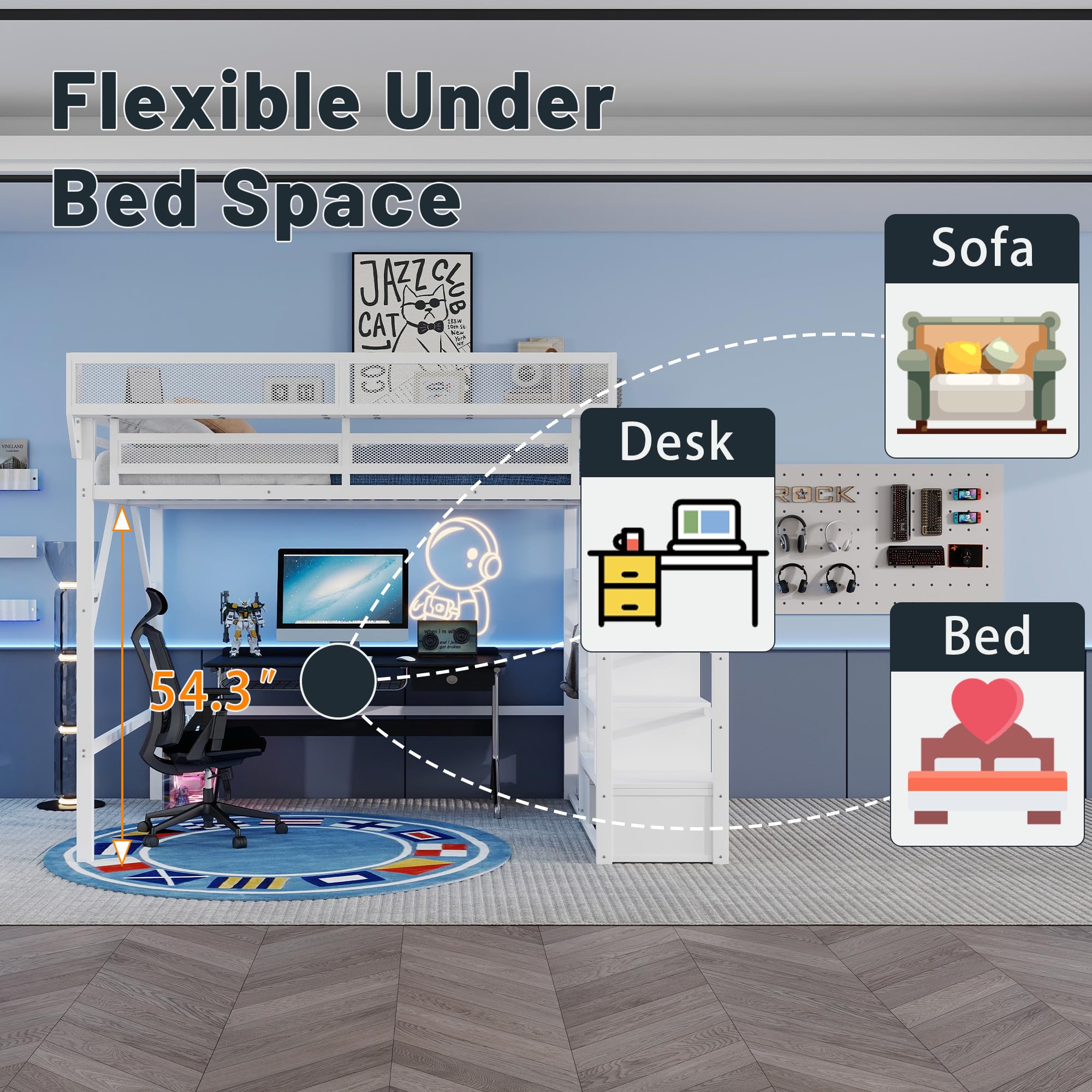 Mirightone Full Size Loft Bed with Stairs, Metal Loft Beds, High Loft Bed Frame with Storage Shelves, Lofted Full Bed with Wardrobe for Kids and Teens, No Box Spring Needed (Black)