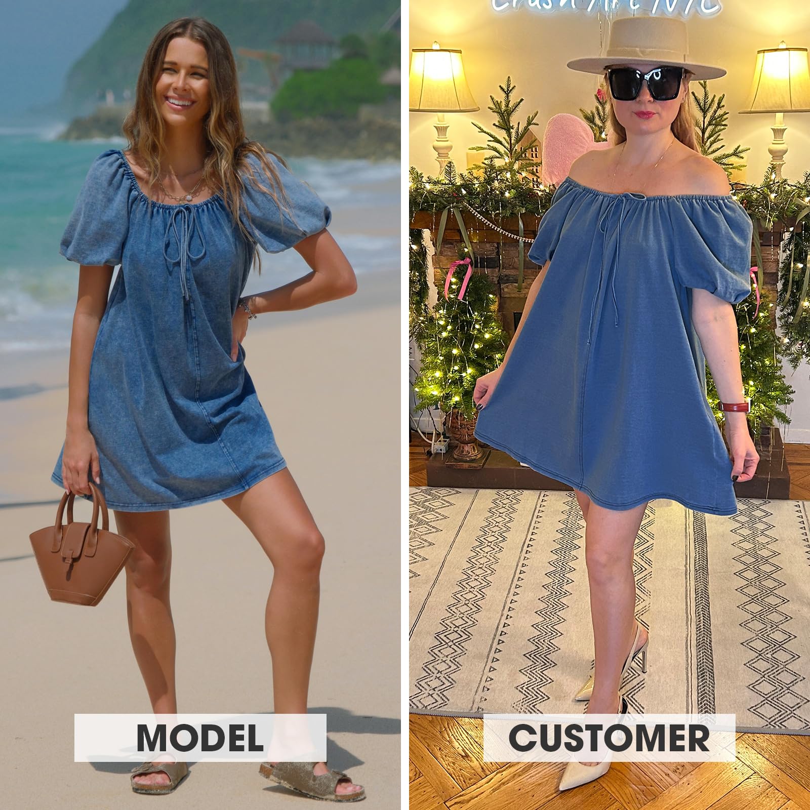 EXLURA Womens Summer Denim Short Puff Sleeve Dresses Knit Loose Plus Size Short Mini Dress 2026 Trendy Spring Outfits