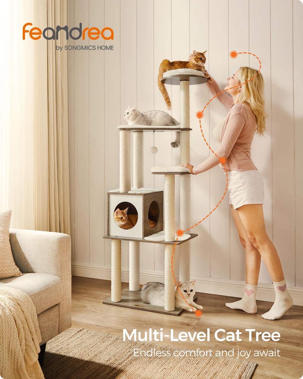 Feandrea Cat Tree, 65-Inch Modern Cat Tower for Indoor Cats, Multi-Level Cat Condo with 5 Scratching Posts, Perch, Washable Removable Cushions, Cat Furniture, Cloud White UPCT166W01