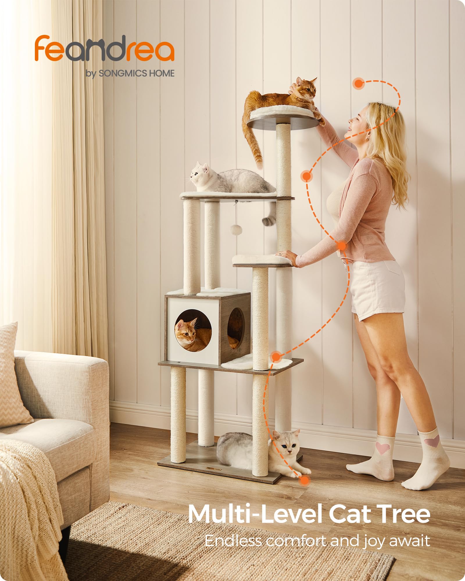 Feandrea Cat Tree, 65-Inch Modern Cat Tower for Indoor Cats, Multi-Level Cat Condo with 5 Scratching Posts, Perch, Washable Removable Cushions, Cat Furniture, Cloud White UPCT166W01