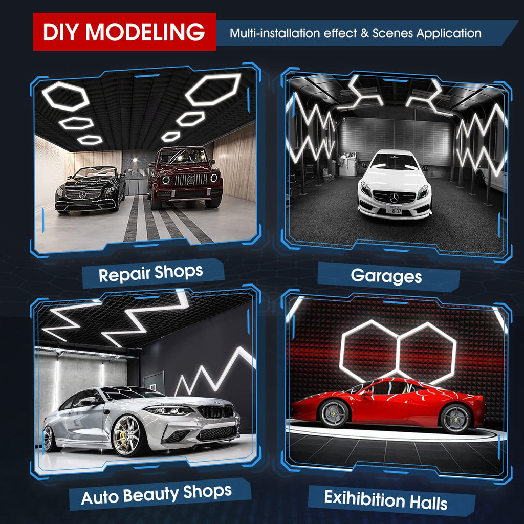 LZHOME LED Hexagon Garage Light: 12700LM Car Detailing Shop Light, DIY Splicing Ceiling & Wall Decor Lights, for Workshop Basement Gym Warehouse Bar Gaming Room
