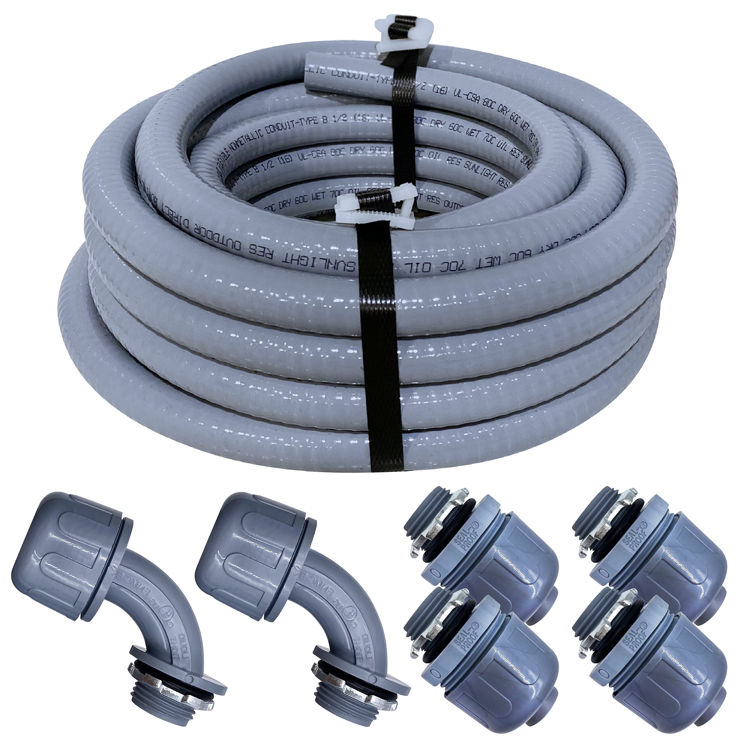 Sealproof 1-1/2 Inch Non-metallic Liquid-Tight Conduit and Connector Kit, 25 Foot Made in USA Flexible Electrical Conduit Type B with 4 Straight and 2 90-Degree Conduit Connector Fittings, 1.5" Dia