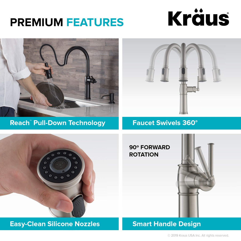 KRAUS Allyn Transitional Bridge Kitchen Faucet with Pull-Down Sprayhead in Brushed Gold, KPF-3121BG