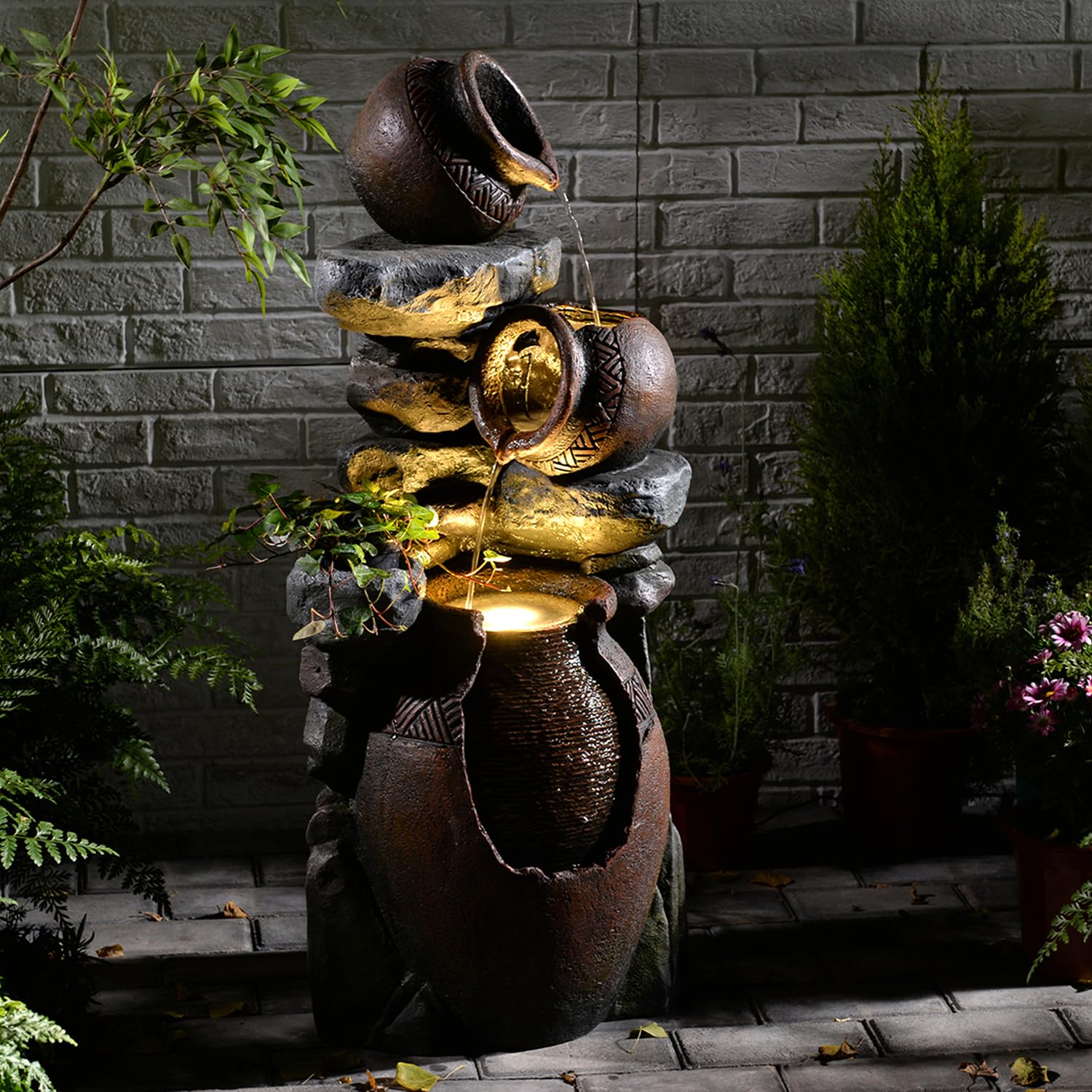 Bumilgar 2-Tier Bowl Water Fountain with LED Lights, 27.95" Tall Freestanding Outdoor & Indoor Garden Waterfall Fountain for Yard, Patio, Backyard, Floor Standing Home Decor