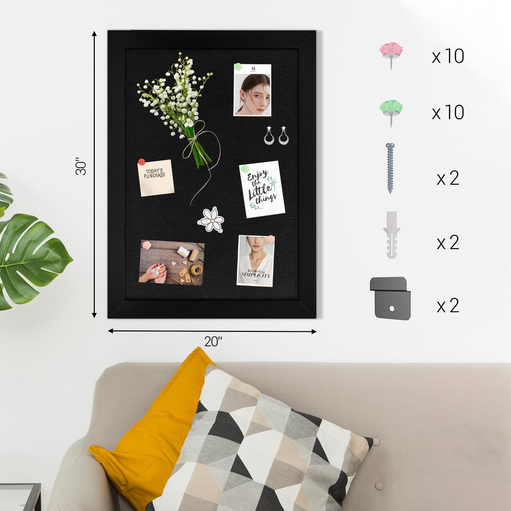 Black Cork Board Bulletin Board with Linen, Wood Framed 30" x 20" Corkboard, Office Board for Wall Decor, Wall Mounted Pin Board Picture Board with 20 Pushpins for School, Home & Office