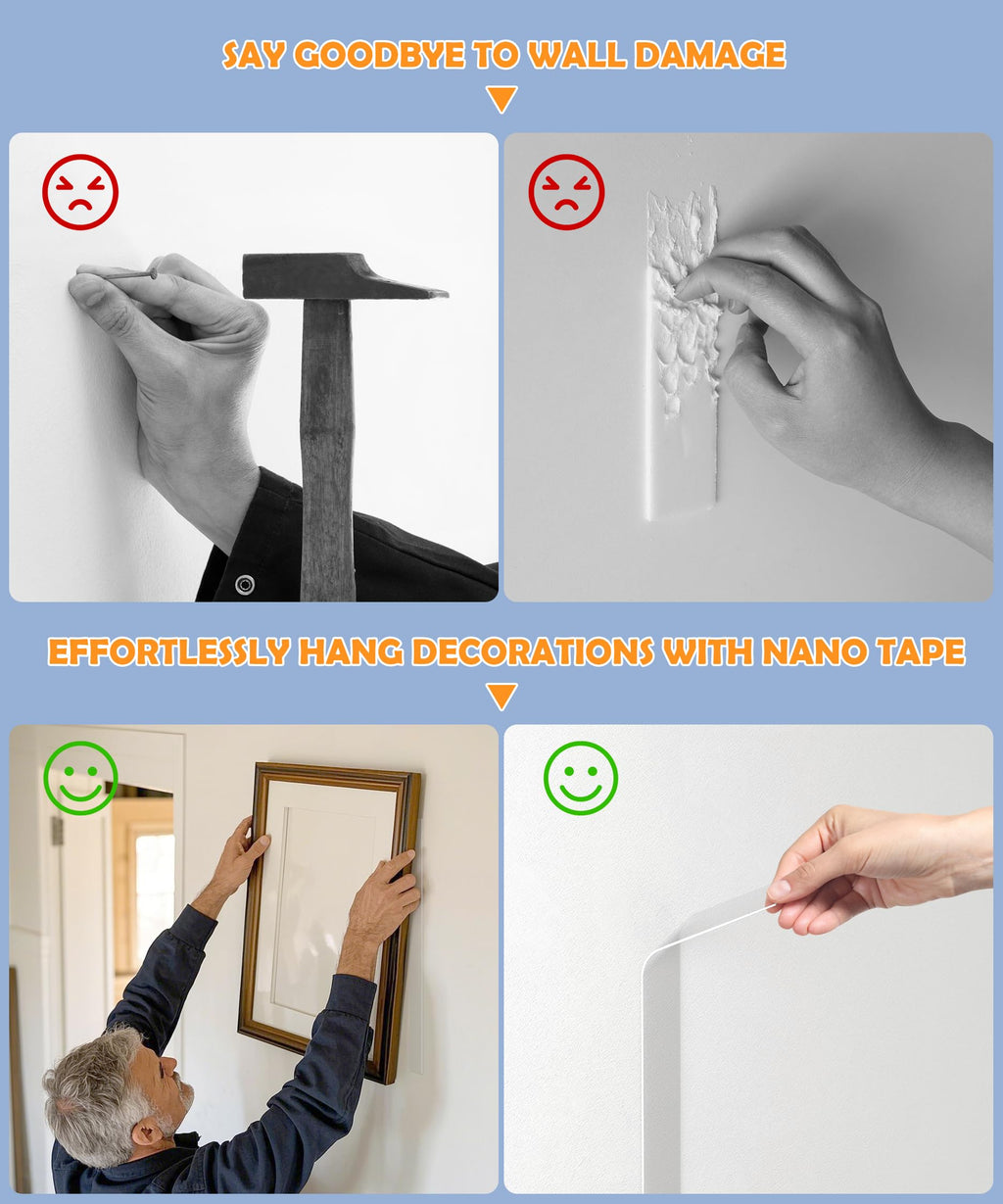 PPB Double Sided Tape for Heavy Duty Applications, Removable Mounting Tape, Nano Tape, Extra Large Clear Transparent Adhesive Strips for Poster Carpet Picture Hanging Strip Rug Wall Outdoor, 3-Pack