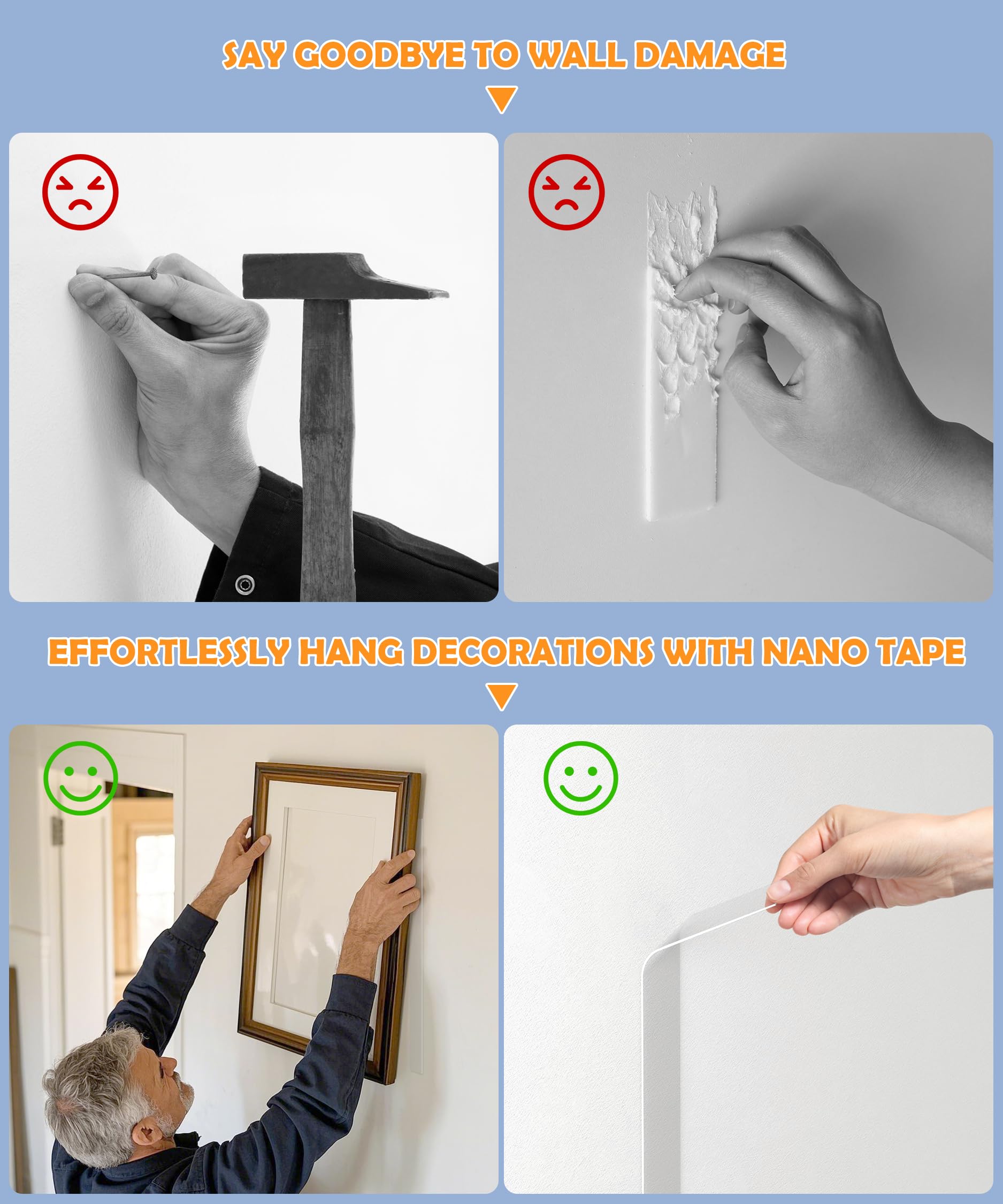 PPB Double Sided Tape for Heavy Duty Applications, Removable Mounting Tape, Nano Tape, Extra Large Clear Transparent Adhesive Strips for Poster Carpet Picture Hanging Strip Rug Wall Outdoor, 3-Pack