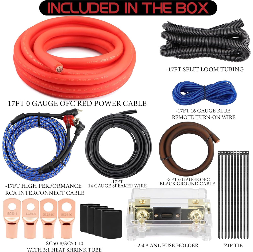 0 Gauge Amp Wiring Kit,3000 Watt Amplifier Sub Installation Kit Make Connections and Brings Power to Your Radio,Subwoofers and Speakers