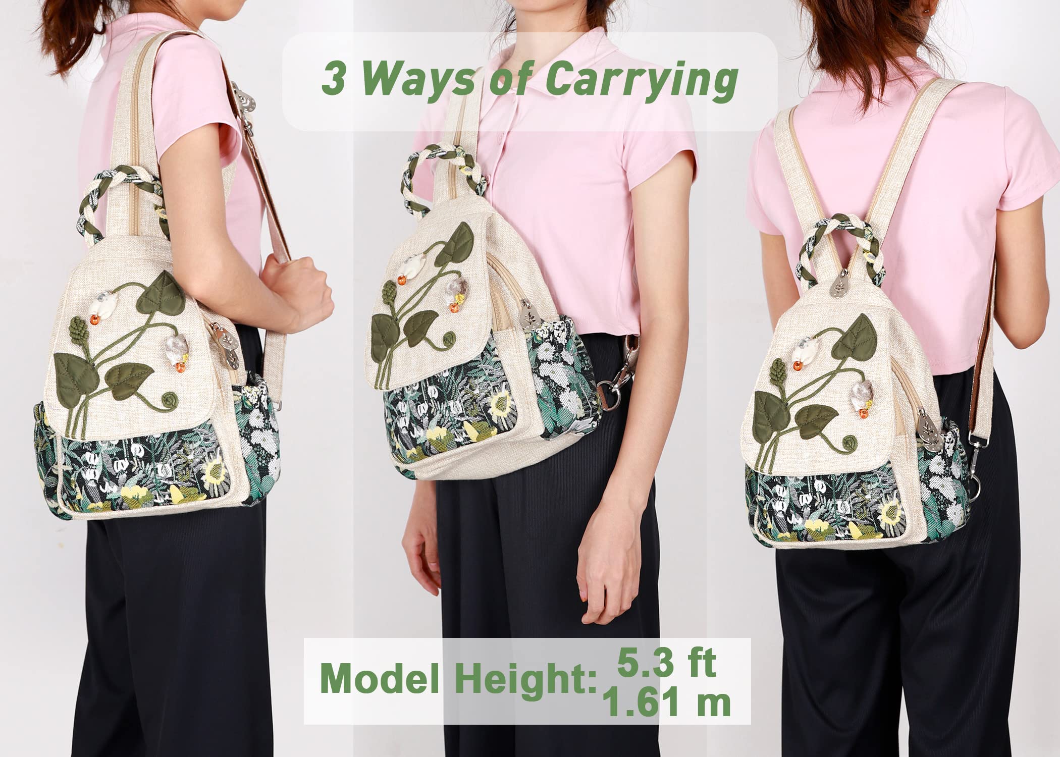 Ladys Convertible Sling Bag, Hand Craft Artisan Purse, Girls Beautiful Canvas Premium Casual Day Mini Backpack for Women (Flower Bee)