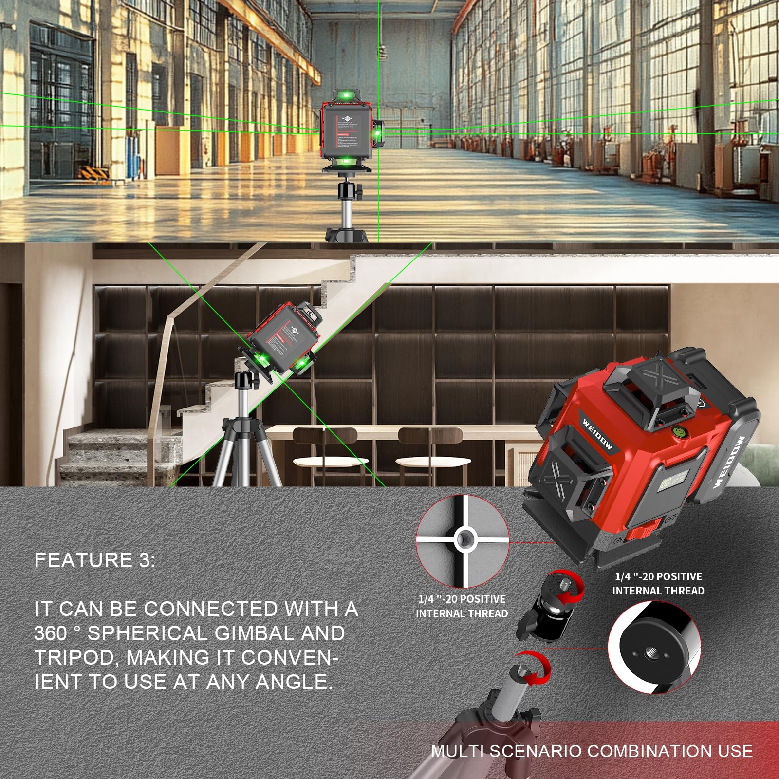 WEIDDW Laser Level with Tripod, Self Leveling Laser Level 4x360°, Green Line Laser 4D Laser Leveler Tool with 2Pcs Lithium Batteries for Picture Hanging, Tile, Home Renovation(SizeX)