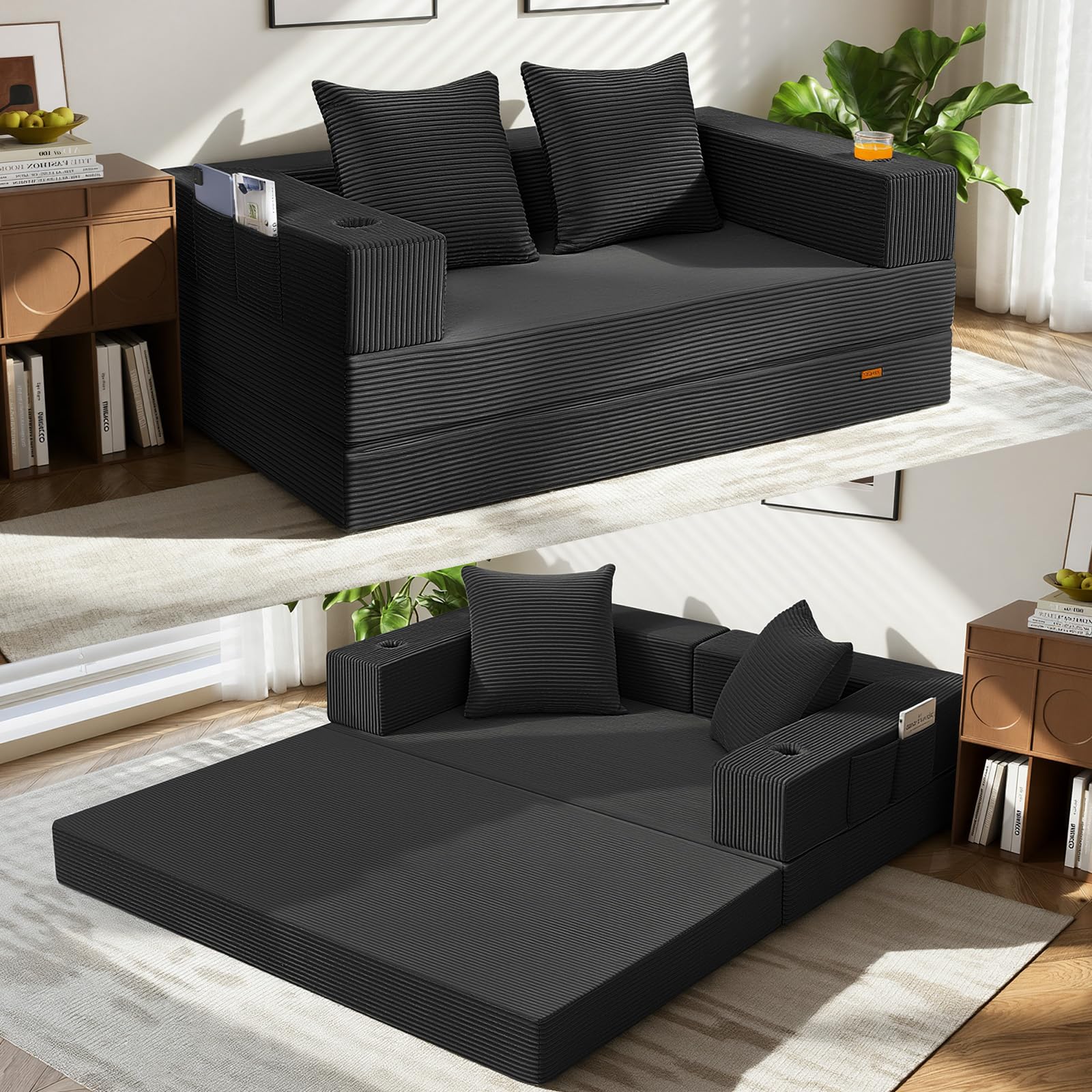 COMAX Futon Sofa Bed, 4‑in‑1 Convertible Sofa Bed, Folding Boneless Couches | Boneless Couch for living room, Fold Out Small Foldable Loveseat Floor Sleeper Mattress Lounge Space‑Saving, Ash Gray