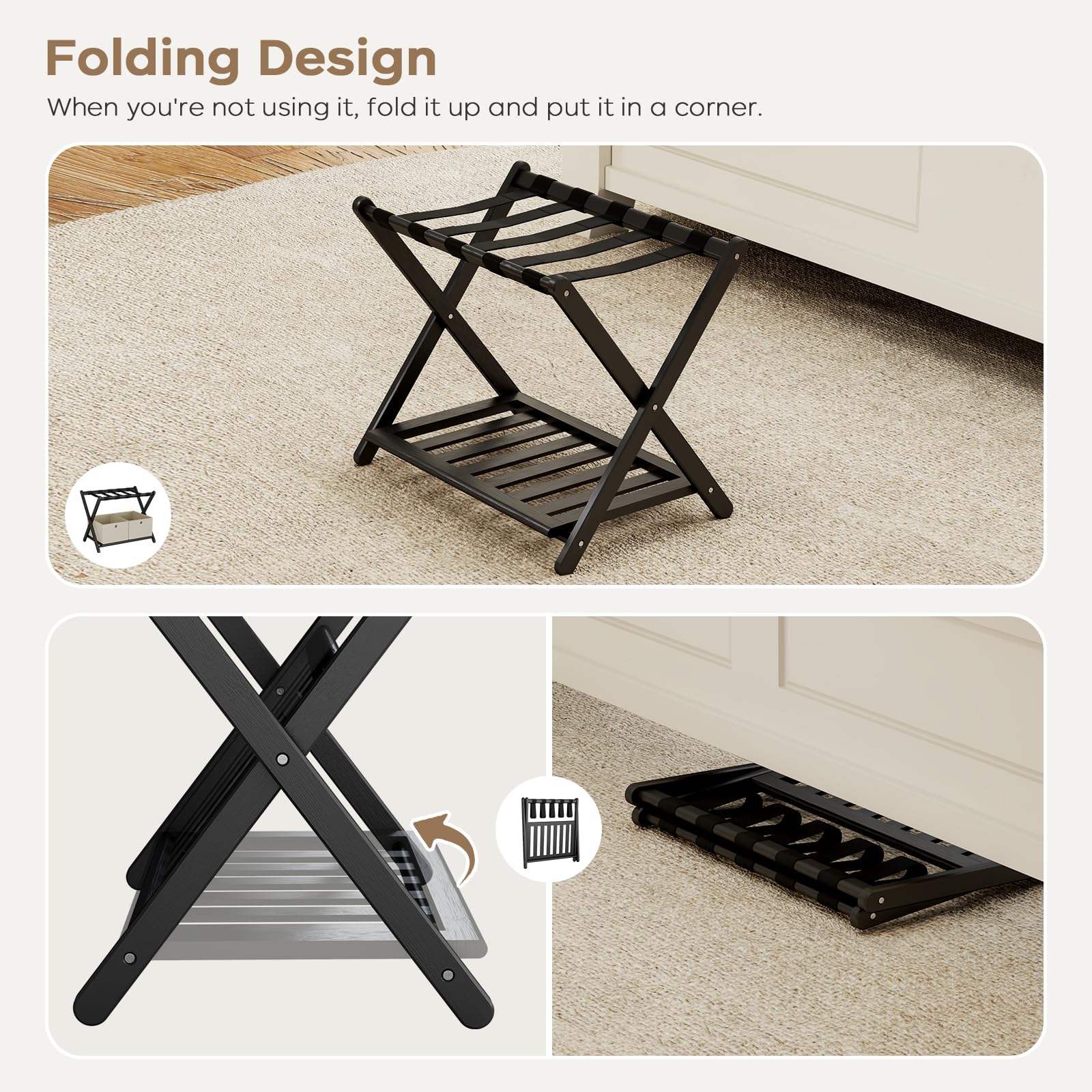 oakvivo Fully Assembled Black Luggage Rack for Guest Room, Bamboo Foldable Suitcase Stand with 5 Nylon Straps, Upgraded Luggage Rack Holder with Shelf for Bedroom Hotel, Holds up to 165 Lbs, 1pcs