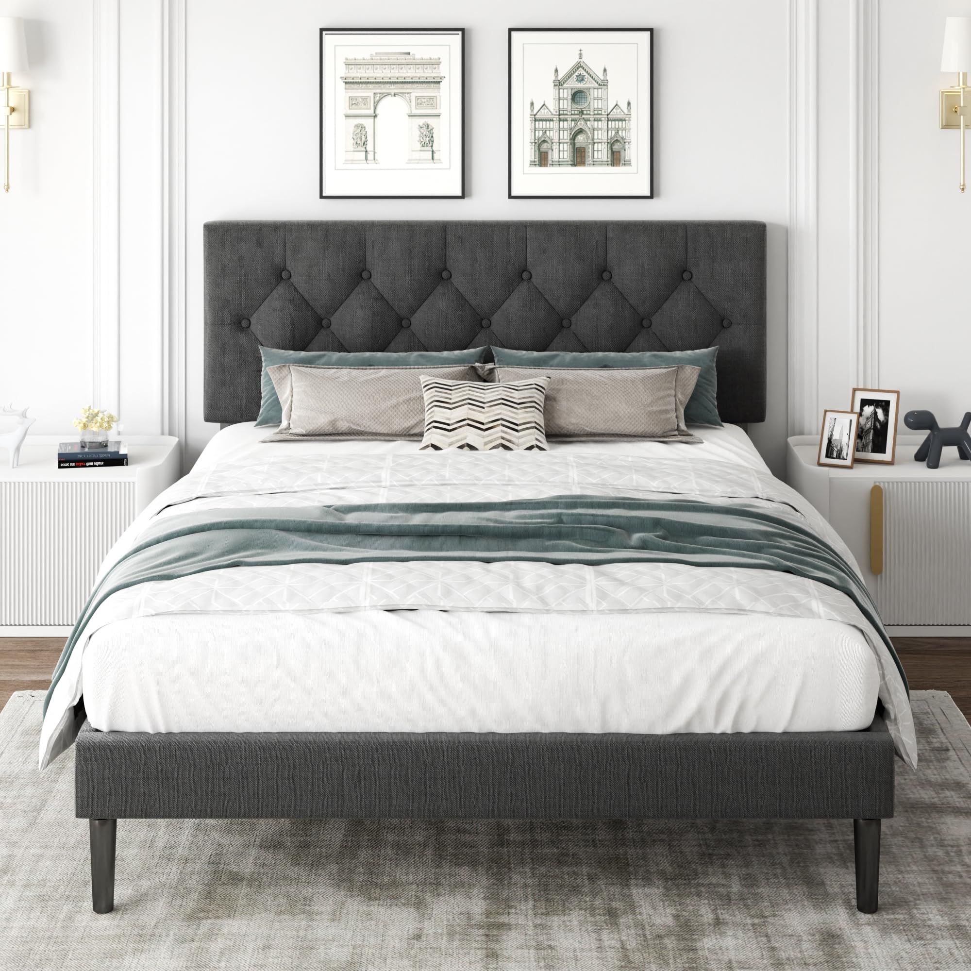 CXVX Full Size Platform Bed Frame with Upholstered Headboard, Button Tufted Design, Strong Wooden Slats, No Box Spring Needed, Easy Assembly, Noise Free