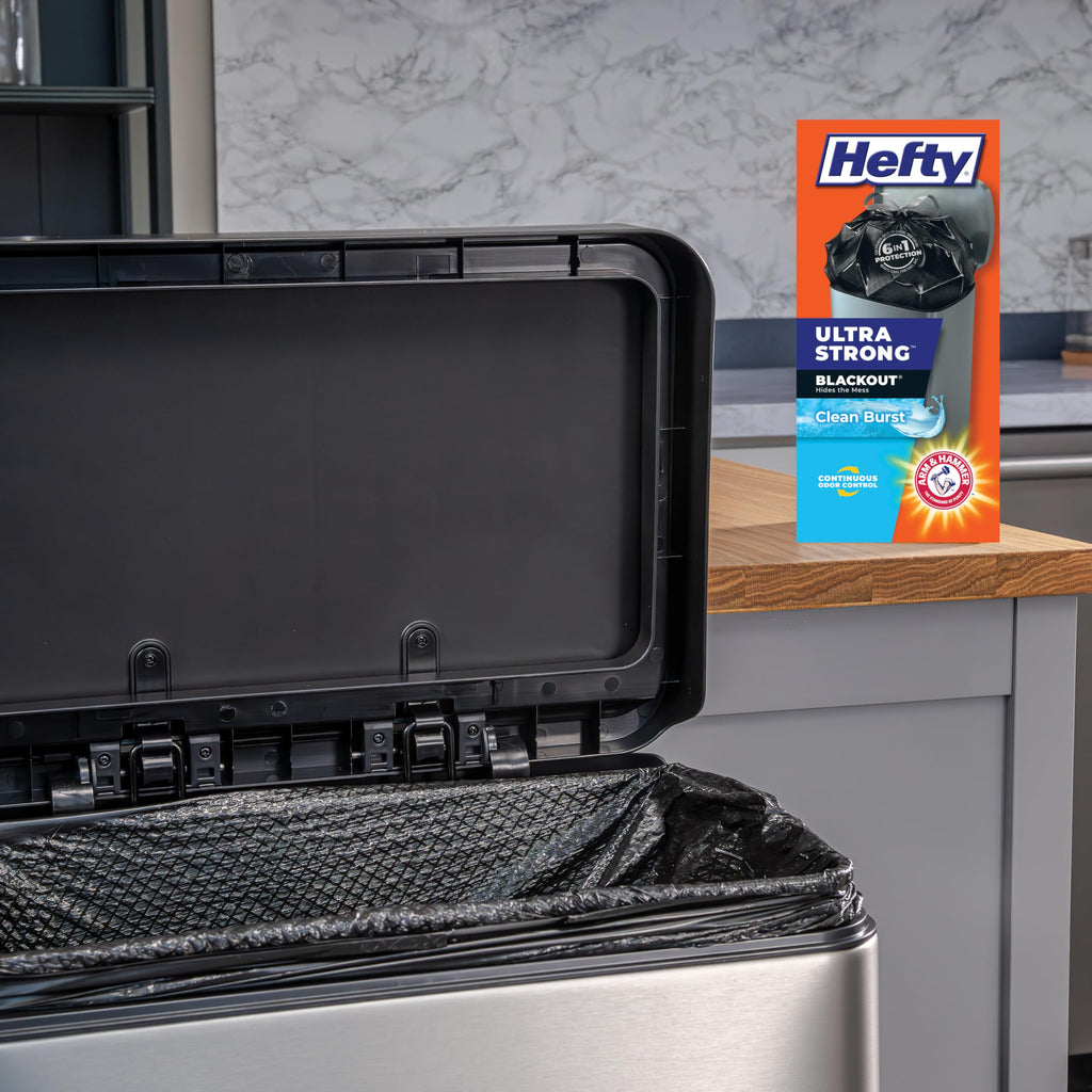 Hefty Ultra Strong 13 Gallon Trash Bags, Black Tall Kitchen Trash Bags 13 Gallon Size, Break Resistant Drawstring Enclosure, Continuous Odor Control, Blackout, Clean Burst Scent, 80 Bags