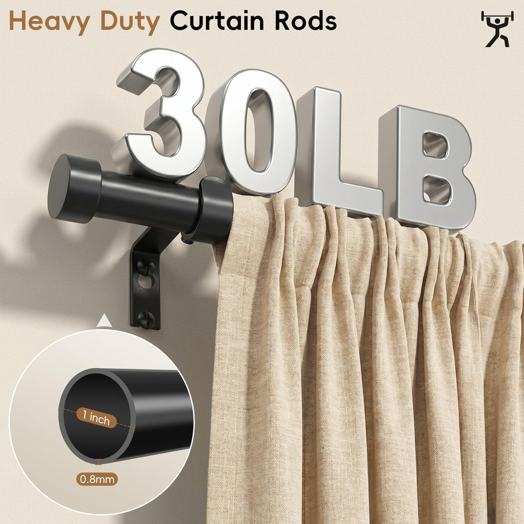 OLV Black Curtain Rod 36 to 45 Inch, 1 Inch Adjustable Modern Curtain Rods for Windows, Decorative Heavy Duty Window Treatment Rods with End Cap Finials, Telescopic Splicing Drapery Pole, Easy Install