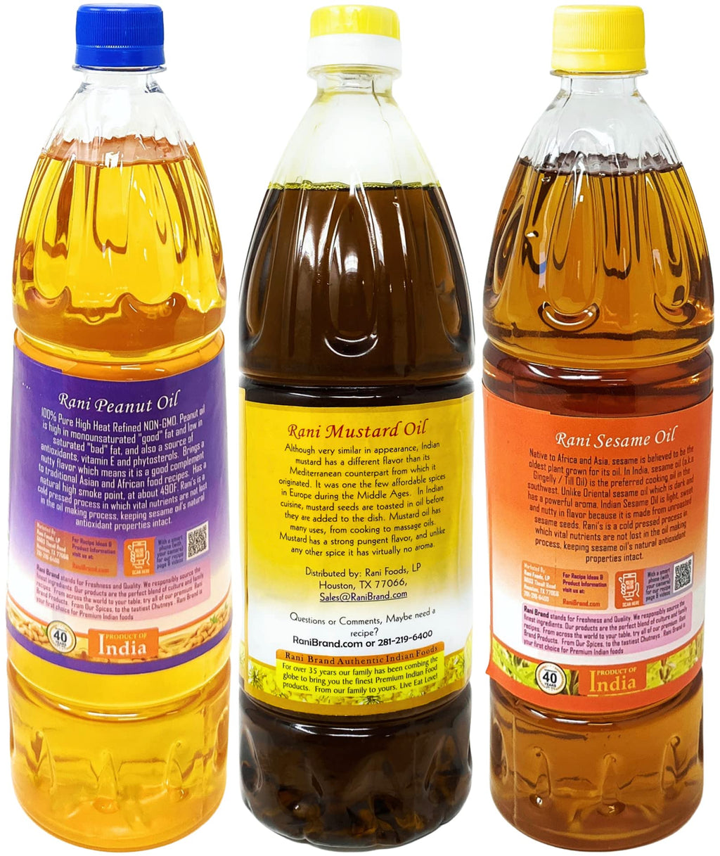 Rani Premium Oils Combo Set of 3 - Peanut Oil, Mustard Oil, Sesame Oil 16.9 Ounce (500ml) ~ Cold Pressed | 100% Natural | Kosher | NON-GMO | Vegan | Gluten Free