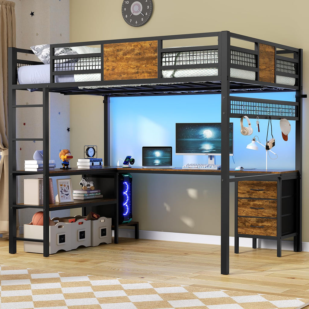ADORNEVE Loft Bed Full Size with L-Shaped Desk, 3 Storage Drawers, Power Outlet, 3 Storage Shelves, Metal Loft Bed Frame with RGB Lights, Bed with Safety Guardrail & Ladders,Space-Saving, Grey