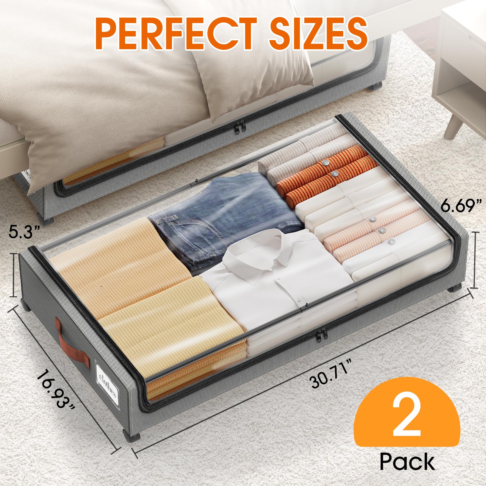 SpaceHacks Under Bed Storage with Wheels 1Pack Underbed Storage with Clear Window&Label Under Bed Drawers Large Capacity Rolling Under Bed Storage for Clothes,Shoes, Blankets (Beige)