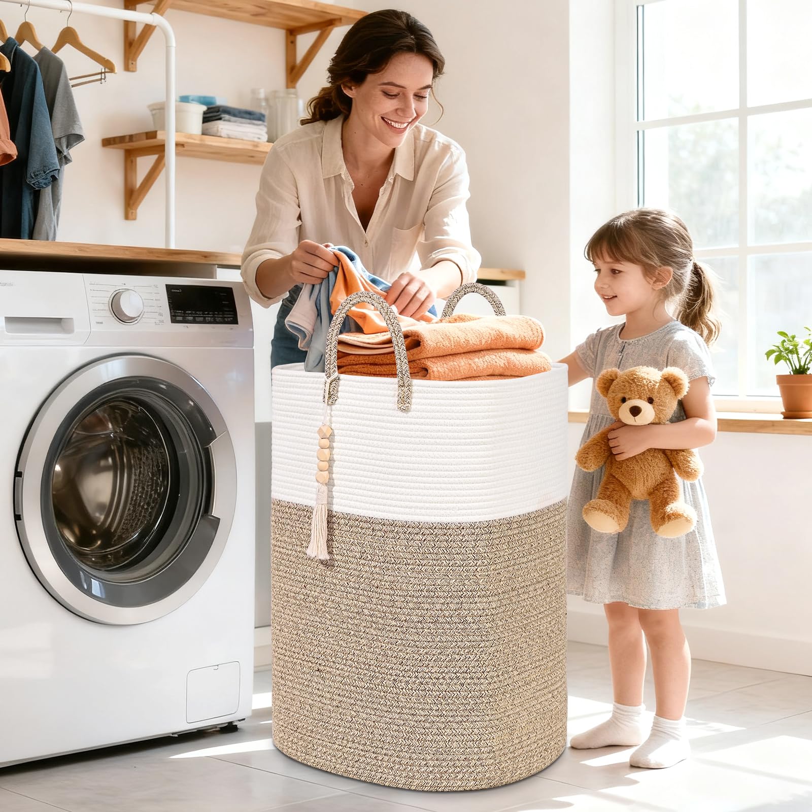 Woven Laundry Basket for Clothes, 50L Large Rectangle Laundry Hampers with Beads Tassel, Nursery Storage Basket for Toys, Tall Dirty Clothes Hamper for Bedroom Aesthetic, Laundry Room Organization