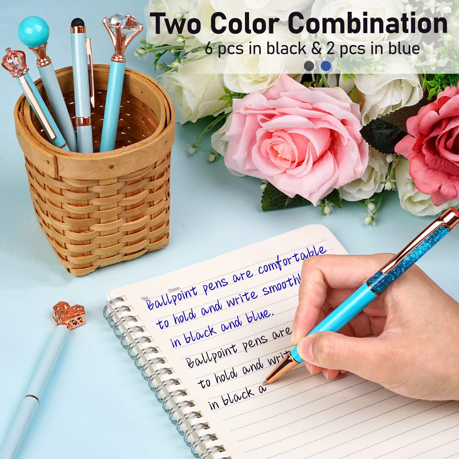 WEMATE 8Pcs Ballpoint Pens Set Metal Crystal Diamond Pen Glitter for Journaling Black Pen Bling in Black & Blue Ink Pretty Cute Pens Fancy Pens Gifts for Women Wedding School Office Desk(Black)
