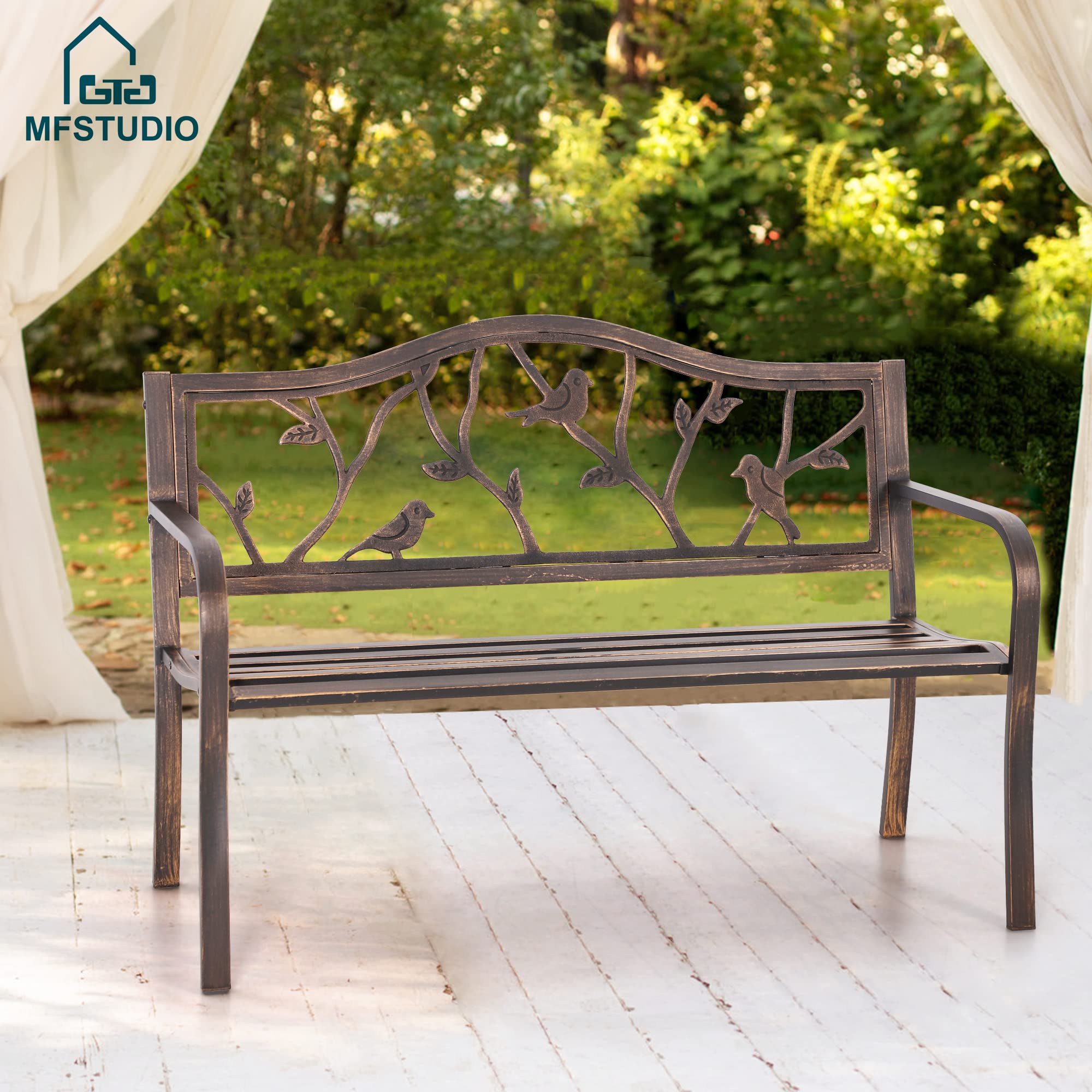 MFSTUDIO 50 Inches Outdoor Garden Bench, Cast Iron Metal Frame Patio Park Bench with Floral Pattern Backrest, Arch Legs for Porch Lawn Garden Yard(Black)