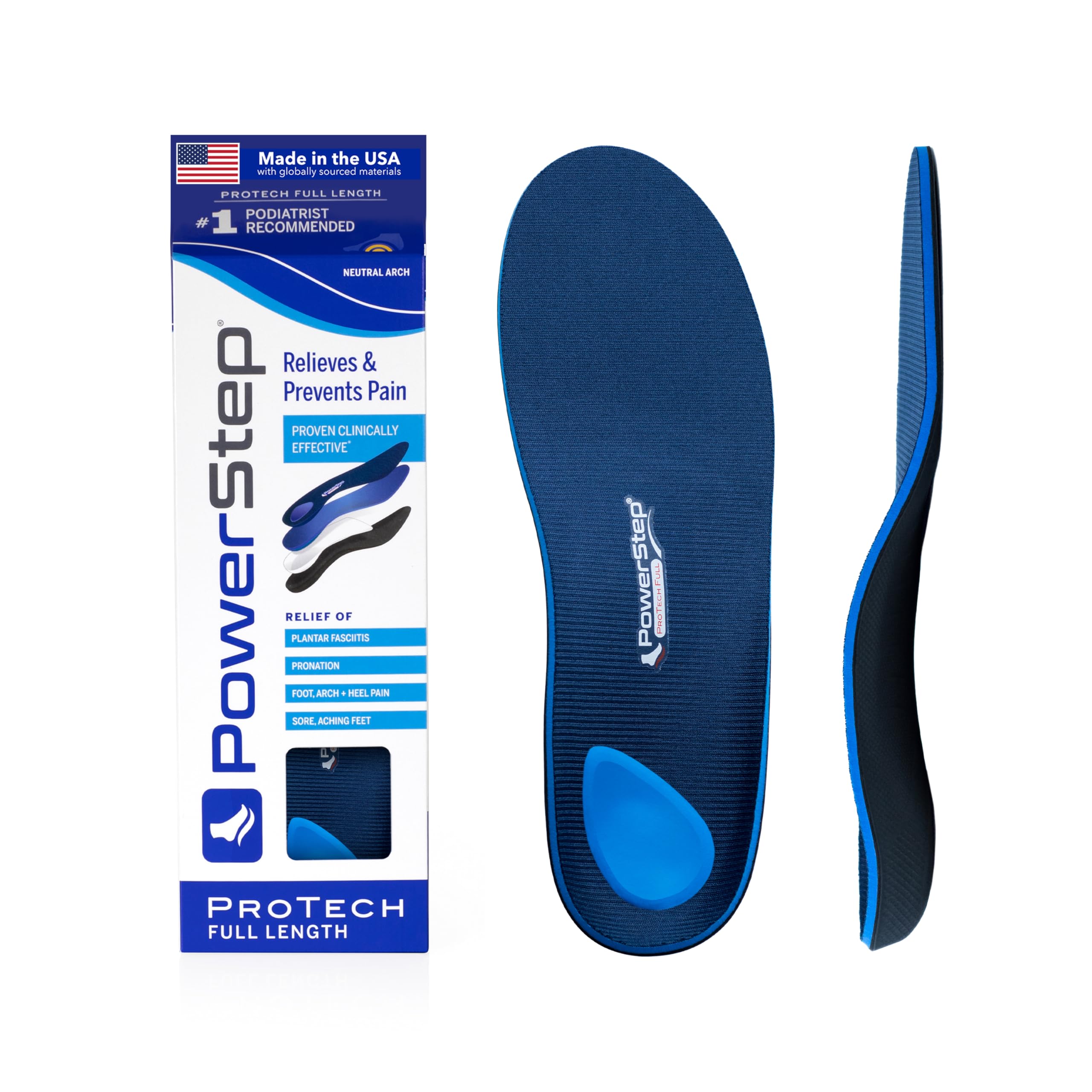 PowerStep ProTech Full Length Orthotic Insoles - Medical Grade Arch Support Inserts for Plantar Fasciitis Relief, Heel Pain, Maximum Cushioning, Memory Foam Orthotics, Made in the USA