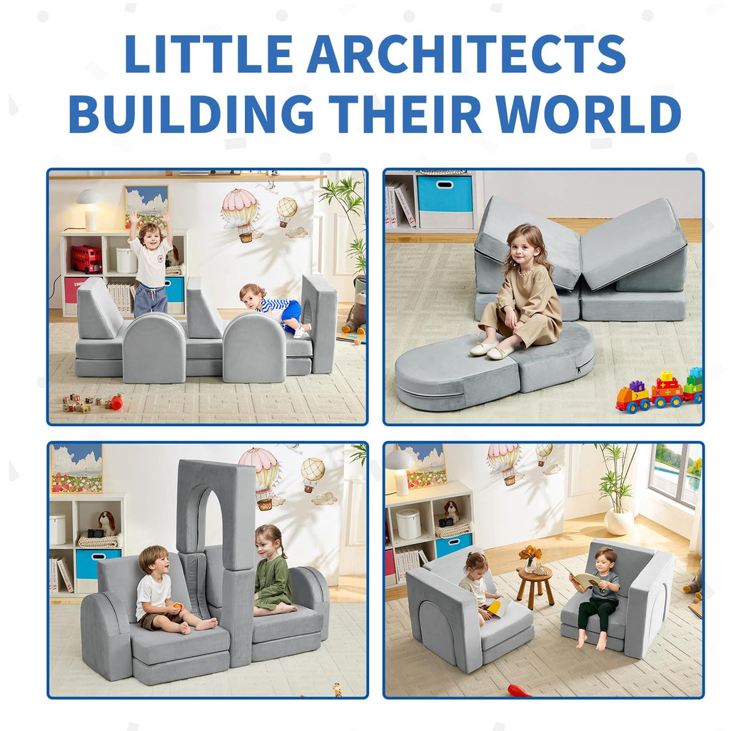 wanan Kids Couch 10PCS, Modular Kids Play Couch for Playroom Bedroom, 10 in 1 Multifunctional Kid Sofa for Playing, Creativing, Sleeping, Indoor Toddler Couches for Boys and Girls(Dark Grey)