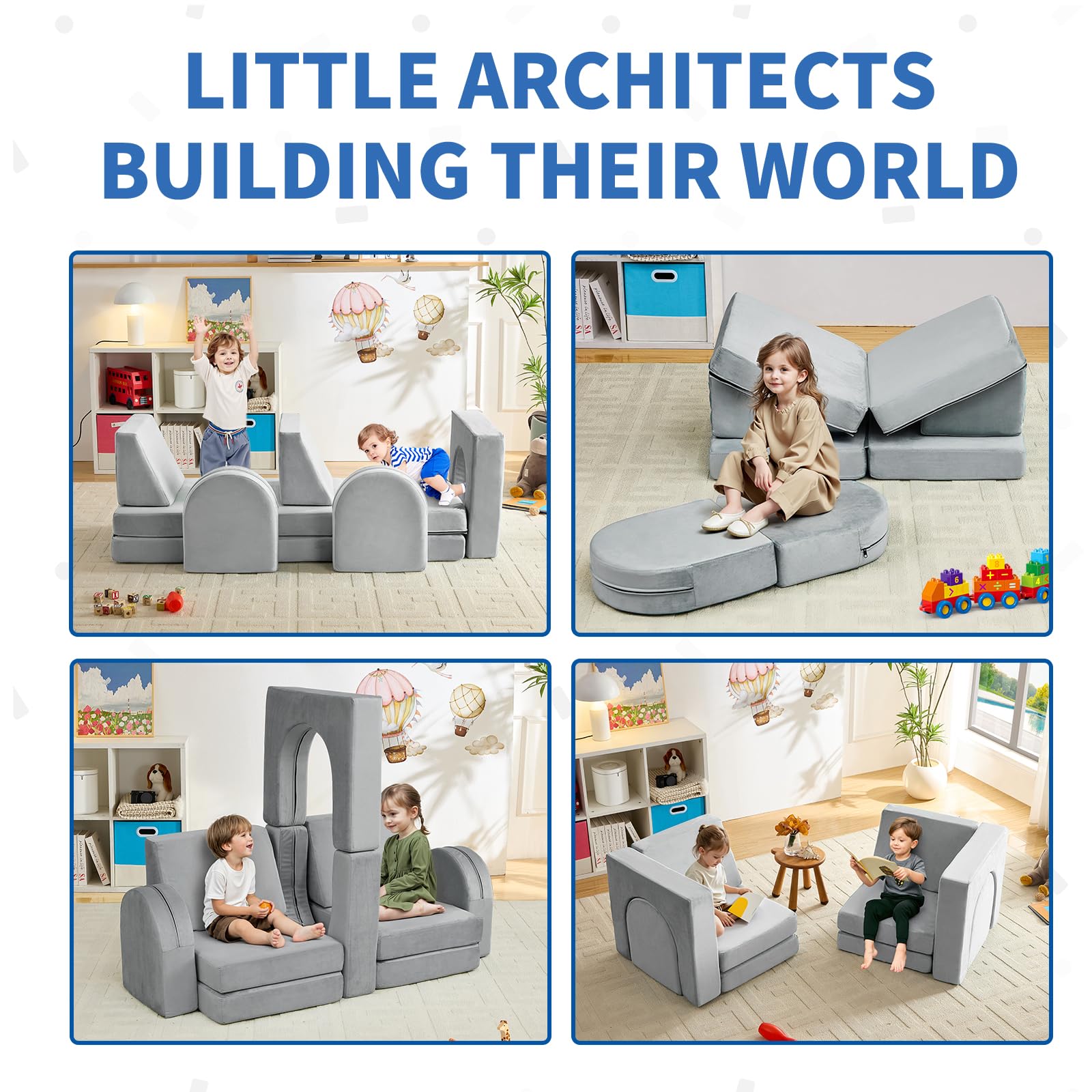 wanan Kids Couch 10PCS, Modular Kids Play Couch for Playroom Bedroom, 10 in 1 Multifunctional Kid Sofa for Playing, Creativing, Sleeping, Indoor Toddler Couches for Boys and Girls(Dark Grey)