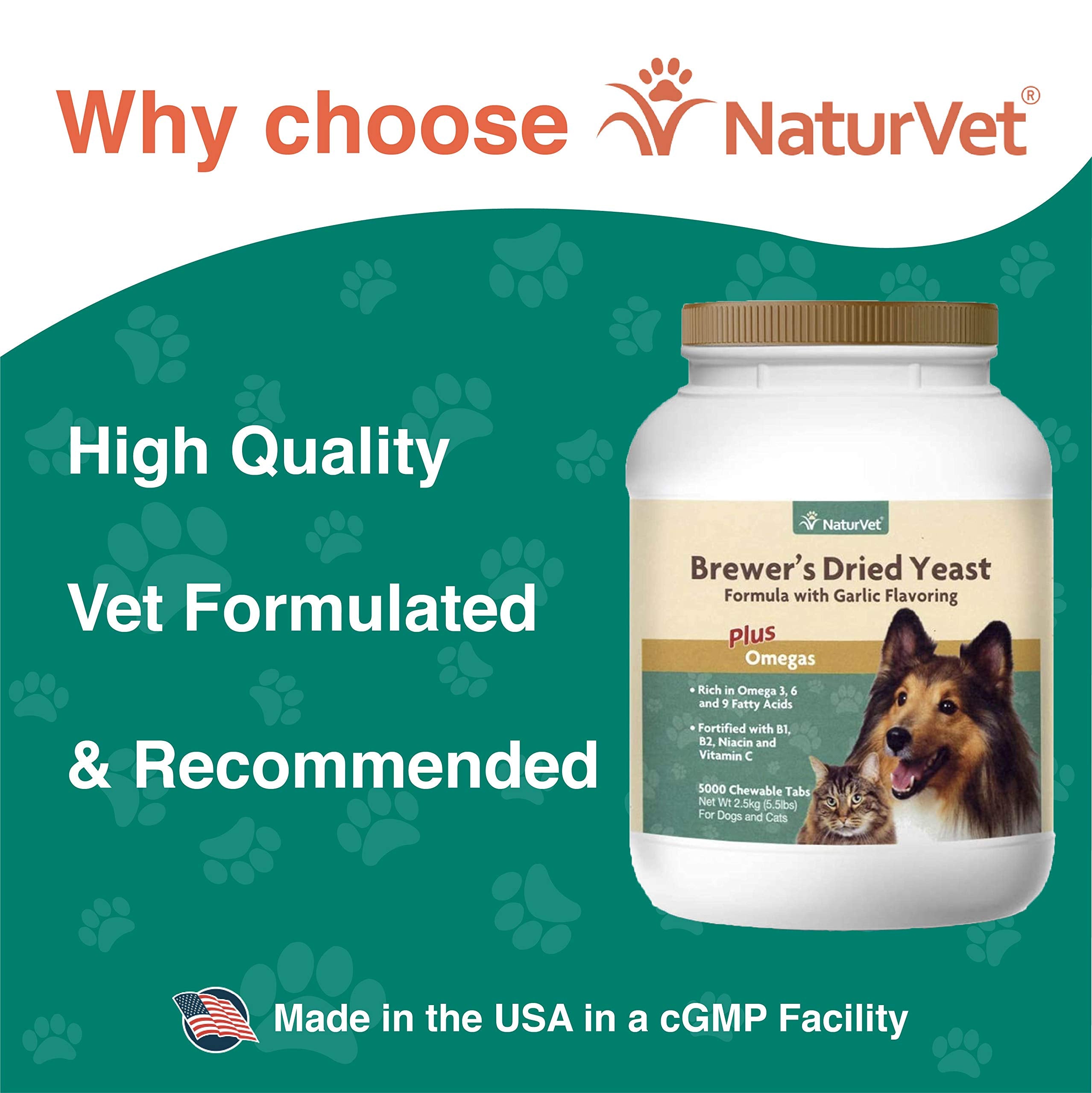 NaturVet – Brewer’s Dried Yeast Formula with Garlic Flavoring – Plus Omegas | Rich in Omega-3, 6 & 9 Fatty Acids | Fortified with B1, B2, Niacin & Vitamin C | For Dogs & Cats | 5000 Chewable Tablets