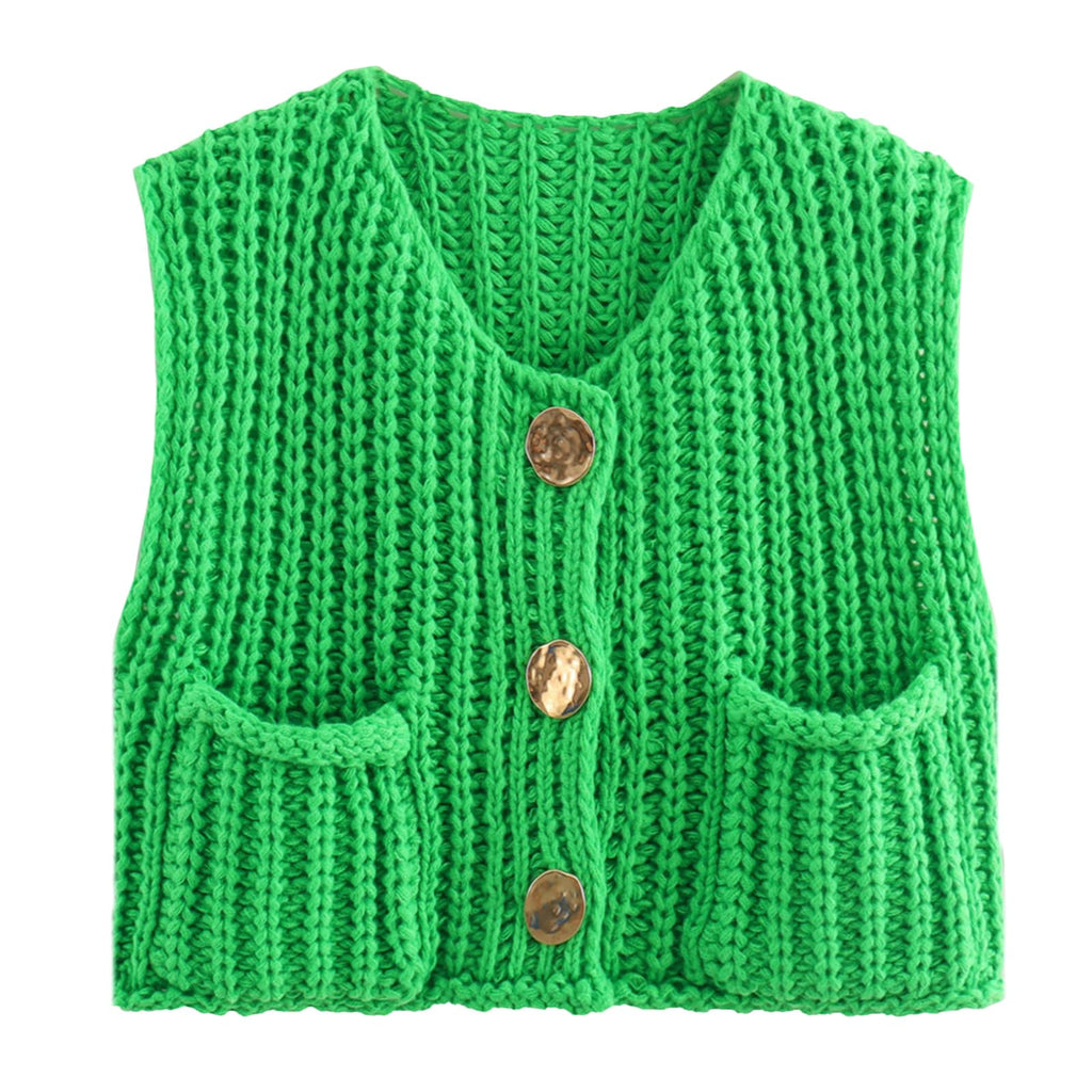 KEOMUD Women's Sleeveless Cropped Knit Cardigan Casual Button Down Crochet Sweater Vest Tops with Pockets