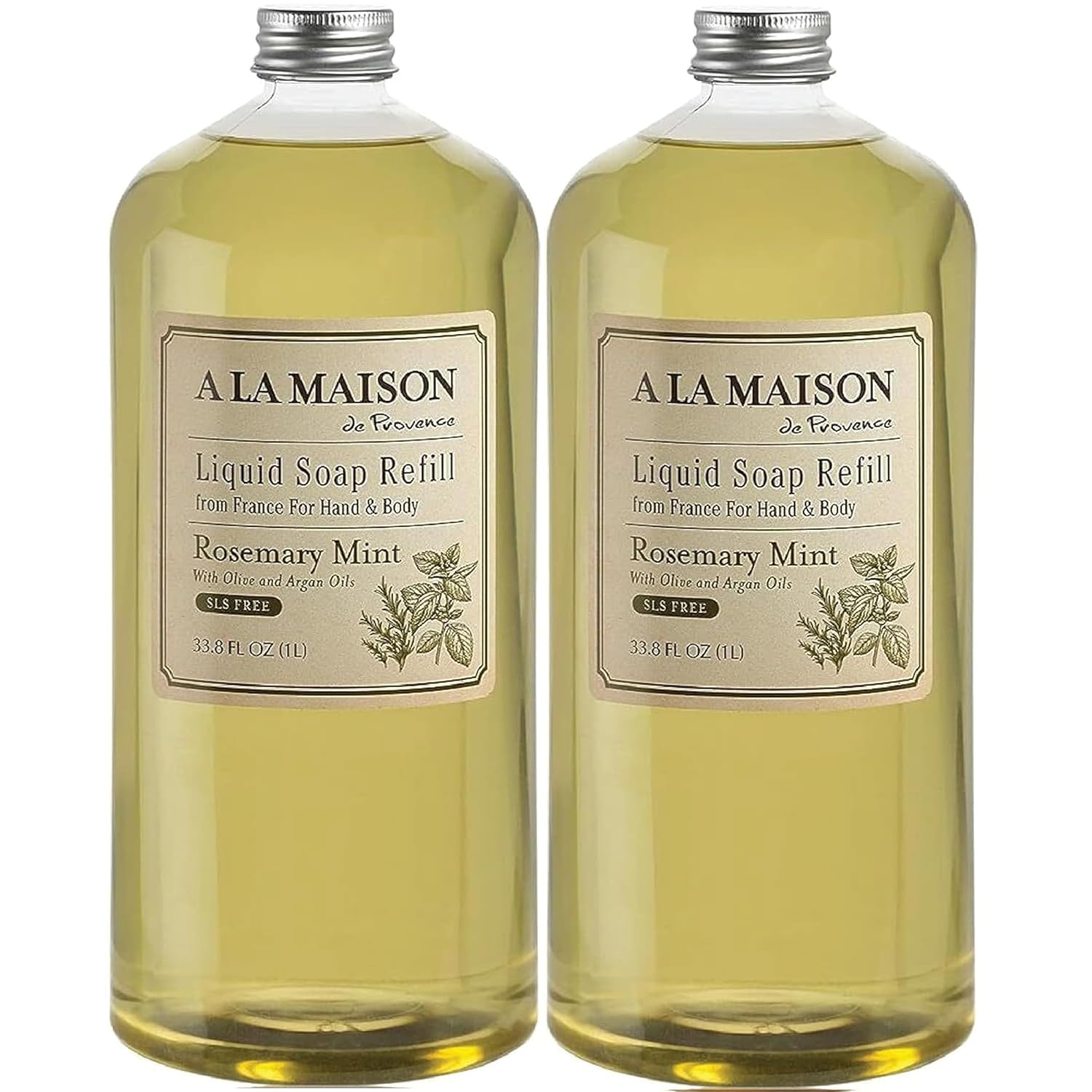 A LA MAISON Rosemary Mint Natural Hand Wash Made with Essential Oils - Biodegradable, Plant-Based, Vegan, Cruelty-Free (33.8 Fl Oz Refill, 2 Pack)