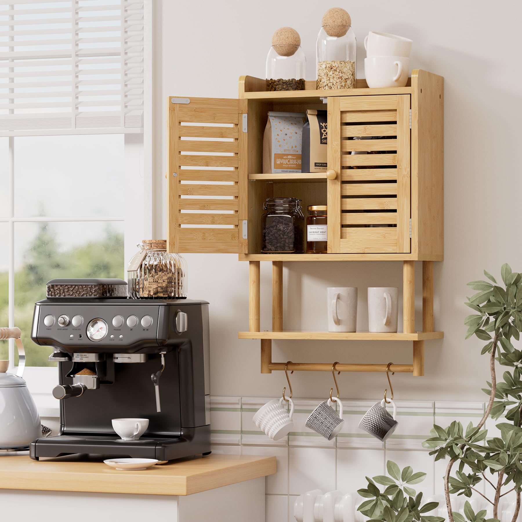 AmazerBath Bathroom Wall Cabinets, Bamboo Medicine Cabinet with Rattan Door, Over The Toilet Storage Cabinet with Towel Bar, Wall Mounted Cabinet with Adjustable Shelves for Small Spaces