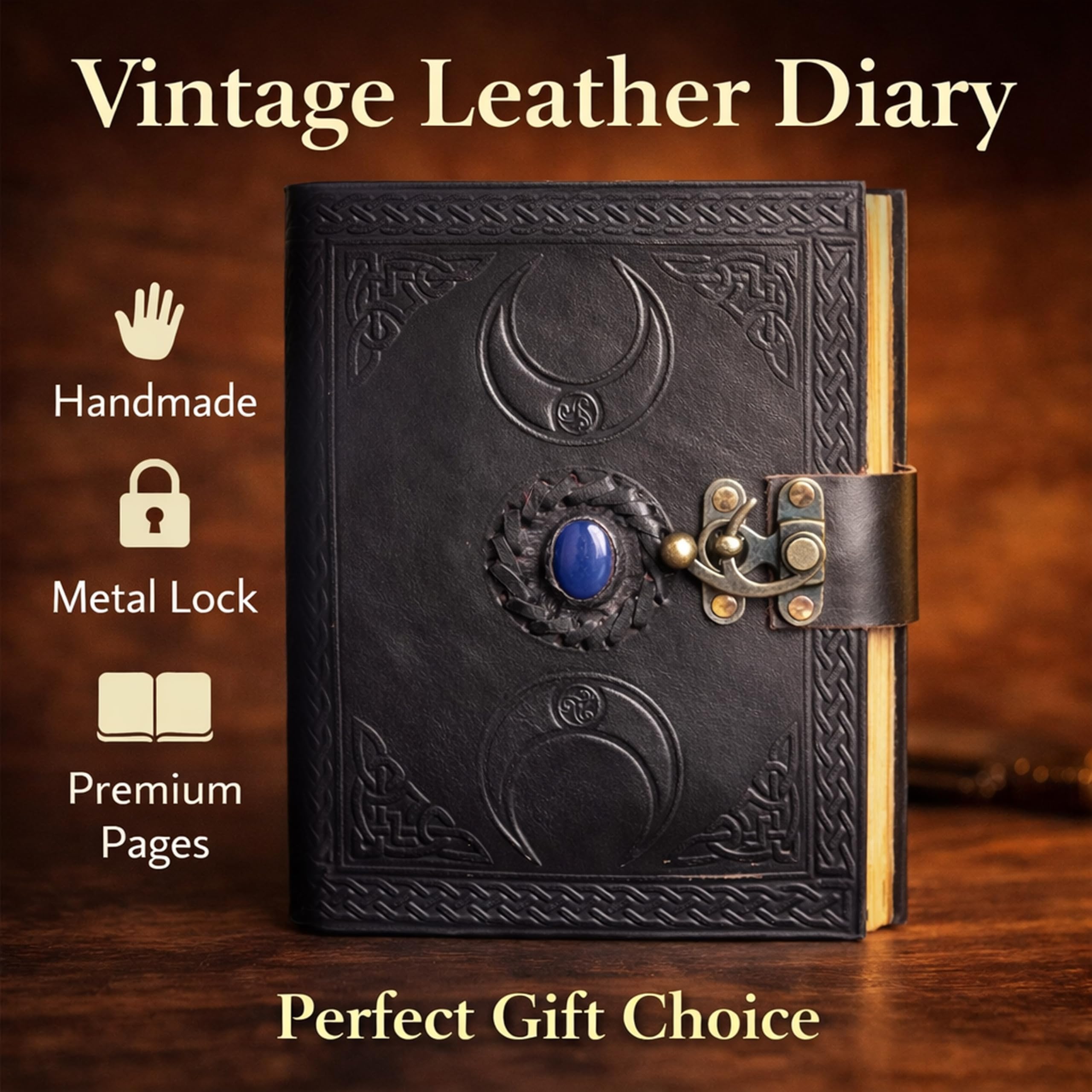 3 Moon Blue Lapis Embossed Vintage Leather Journal | 240 Pages of Antique Handmade Deckle Edge Vintage Paper, Leather Sketchbook, Drawing Journal, Great Gift (5 by 7 inch, black)