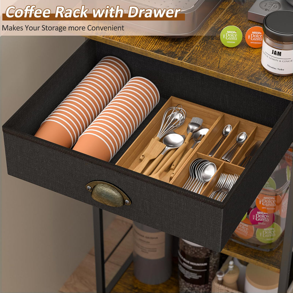 5 Tier Coffee Bar Station, Kitchen Stand with 4 S-Shaped Hooks, Farmhouse Corner Coffee Bar Cabinet for Small Spaces, Bakers Rack for Kitchen, Entryway, Living Room, 13.43"D x 18.93"W x 53.31"H