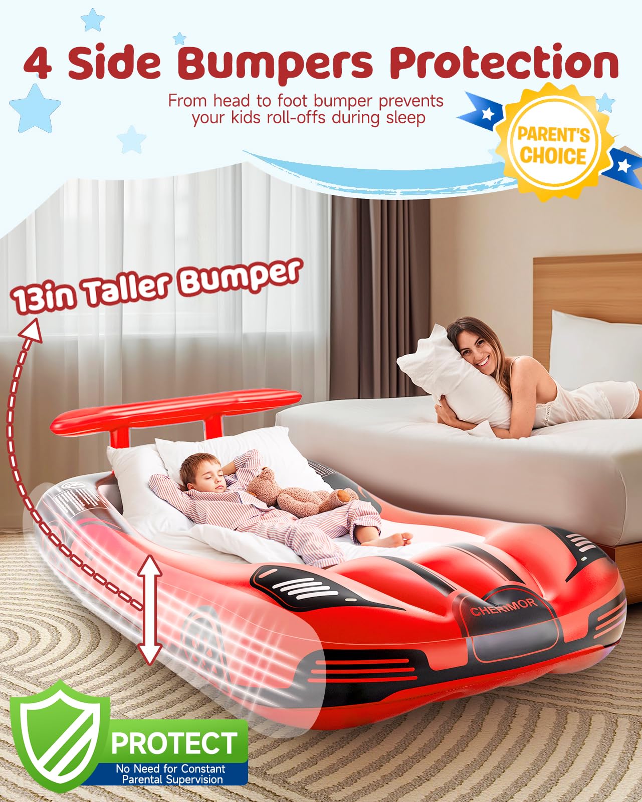 CHERIMOR Inflatable Toddler Travel Bed with Safety Bumpers & 2 Mins Auto Inflation Pump, Portable Toddler Kids Air Mattress with Carry Bag for Home Grandma's Sleepovers Travel Camping, 330lbs Support