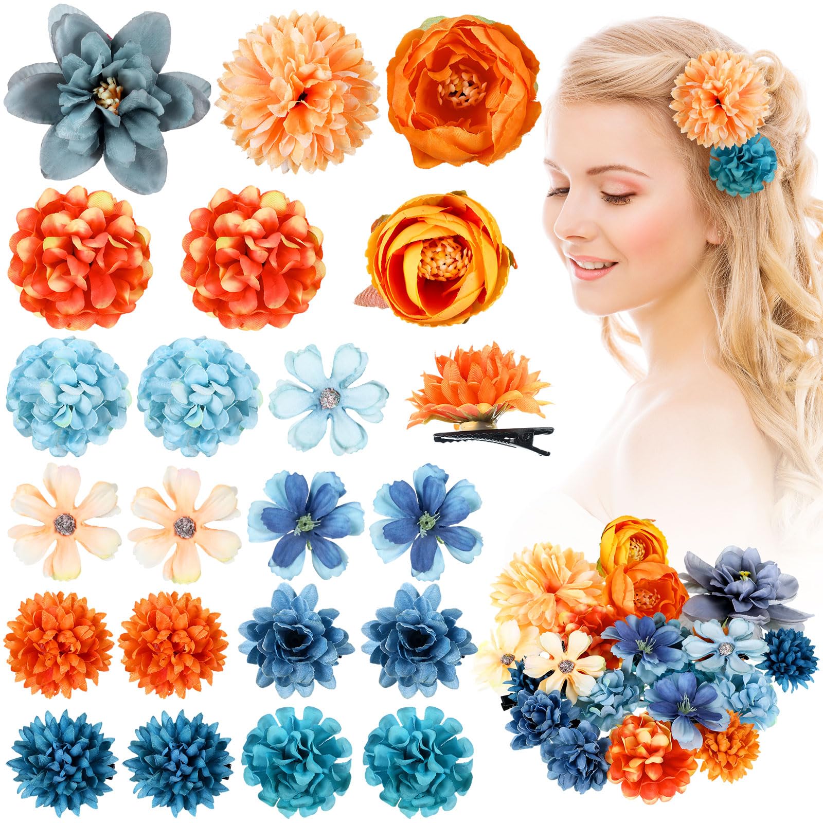 BBTO Flower Hair Clip Rose Hair Clips Barrettes for Women Flower Accessories Boho Bride Claw Clip Hairpin Brooch Pin Headpiece for Wedding(Beige Orange Series,21 Pcs)