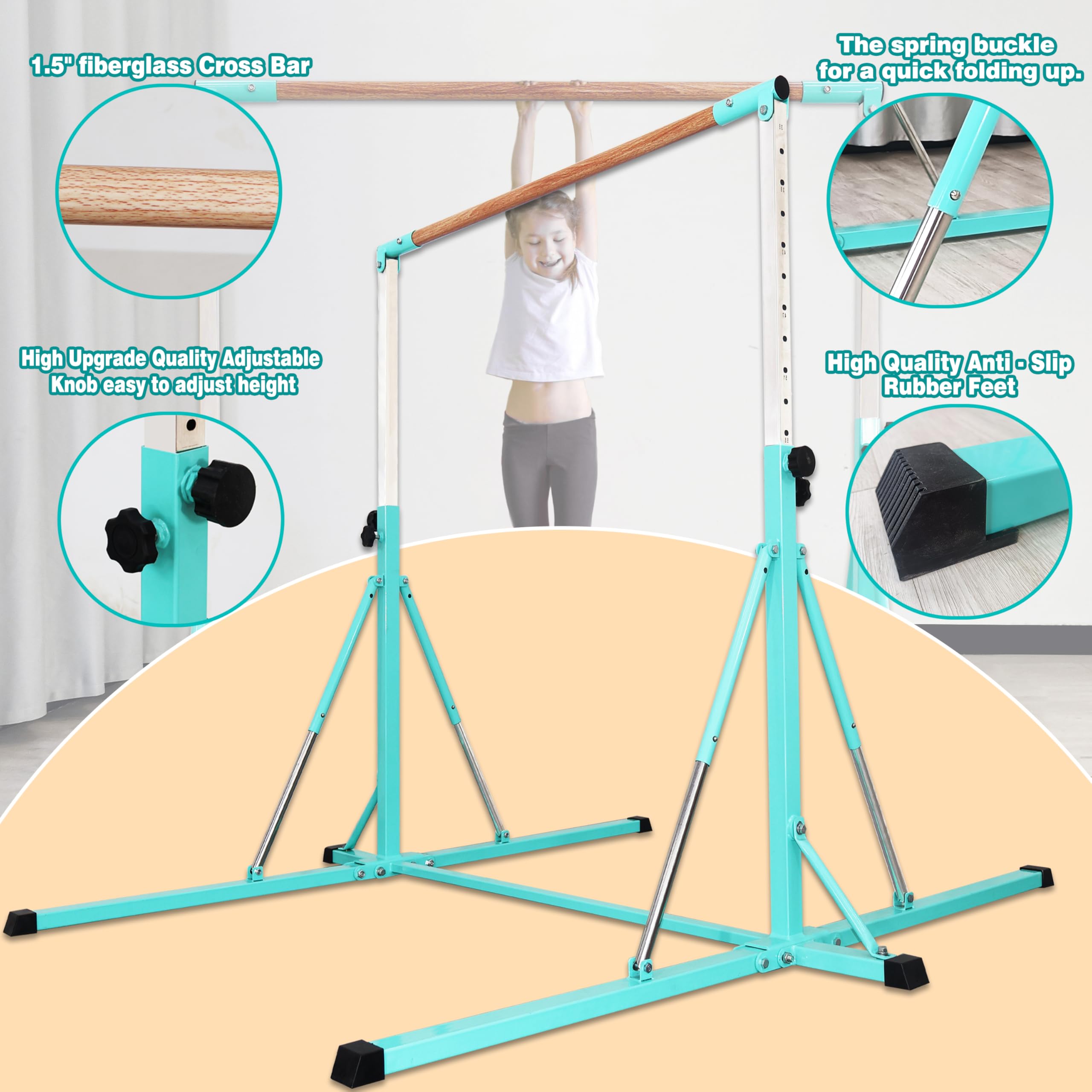 FC FUNCHEER Gymnastics Bar for Kids Ages 3-15, 35" to 60" Adjustable Height, 4FT Wide Base - Professional Kip Bar with 360° Stability & Fiberglass Crossbar, Easy Fold&Solid Design for Home Training