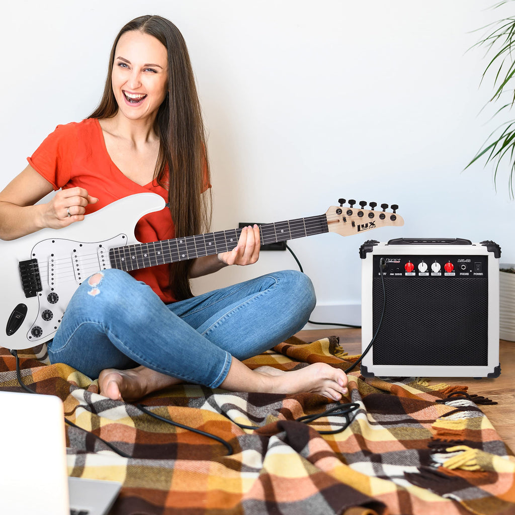 LyxPro Electric Guitar Amp 20 Watt Amplifier Built in Speaker Headphone Jack and Aux Input Includes Gain Bass Treble Volume and Grind - Black