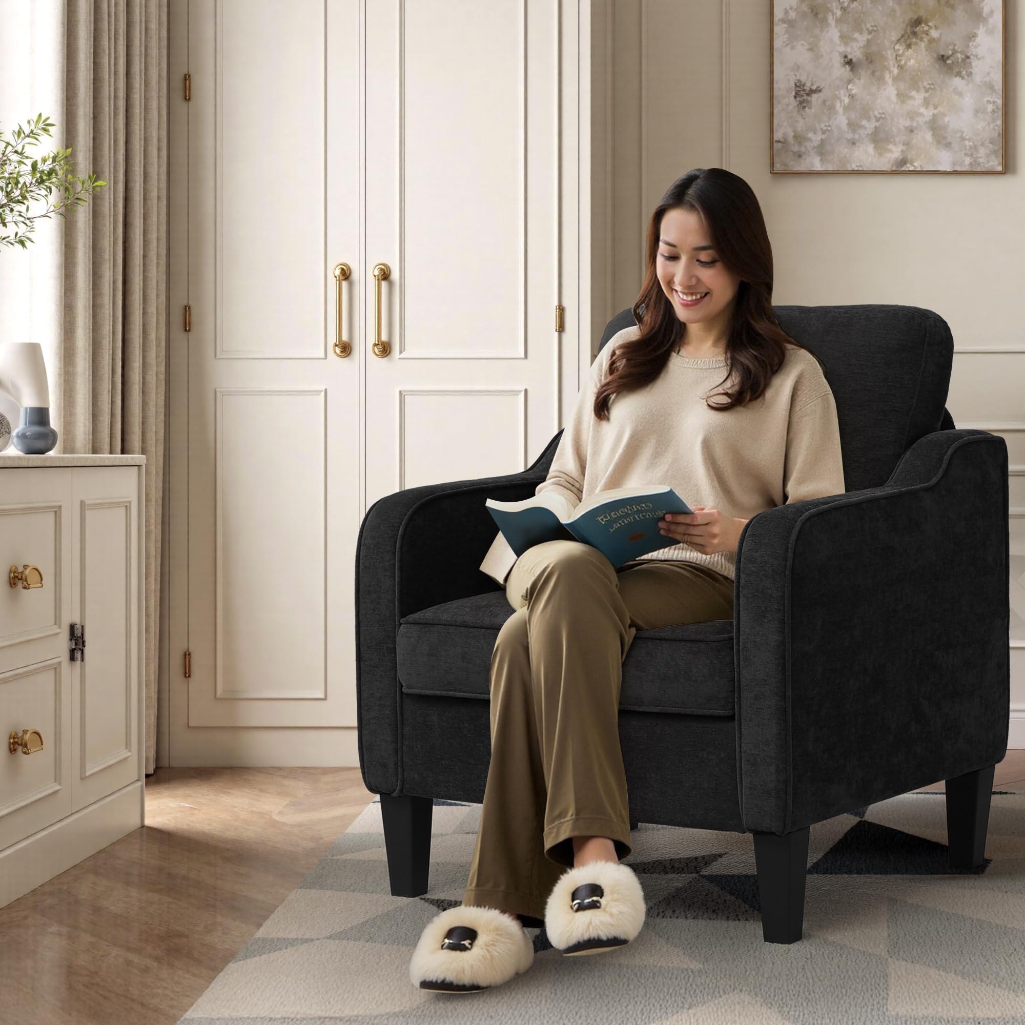 Accent Chair for Living Room, Mid Century Modern Reading Chair for Bedroom, Upholstered Armchair with Side Pockets, Comfy Single Sofa Side Chair for Office, Apartment, Small Room, Beige