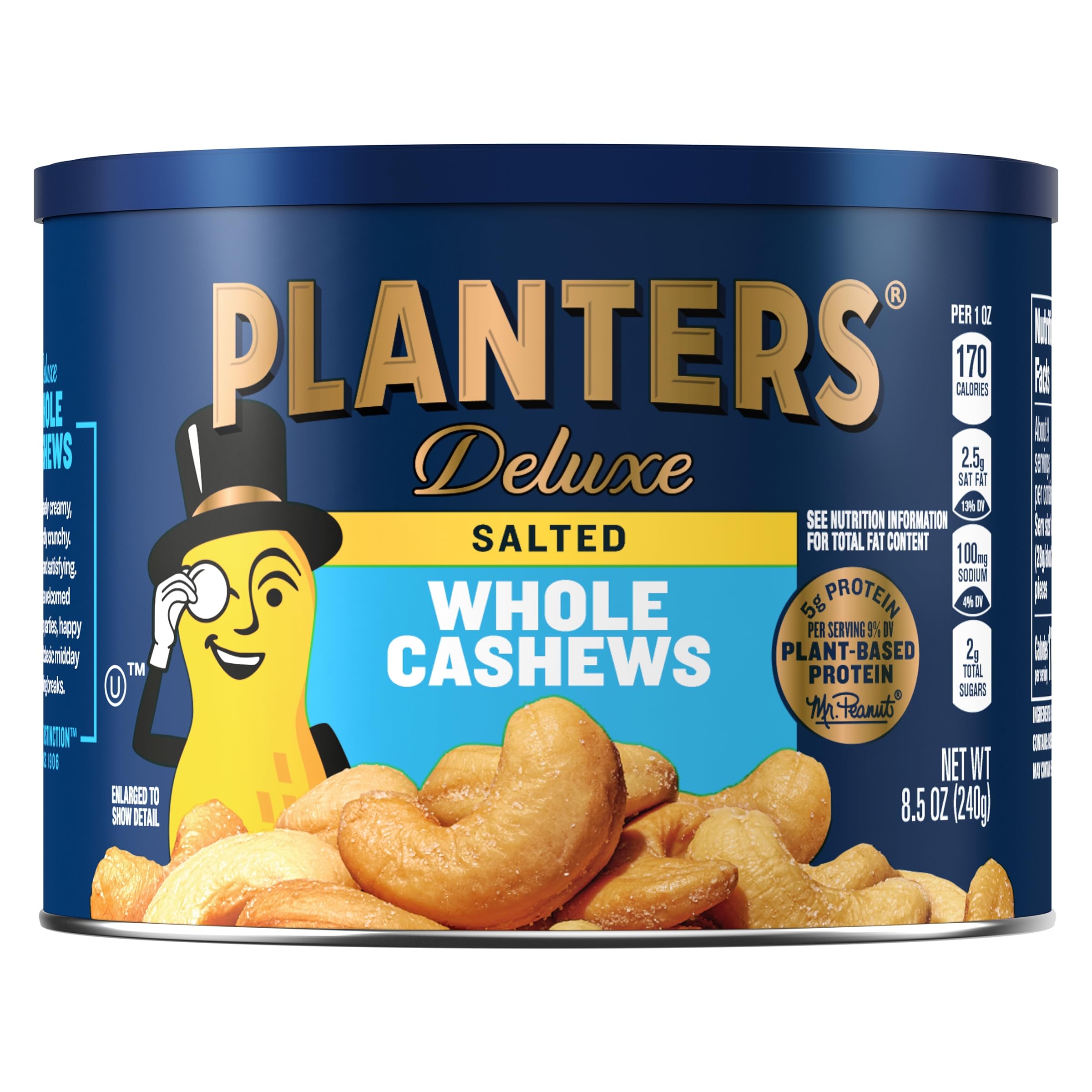 PLANTERS Deluxe Lightly Salted Whole Cashews, 18.25 oz. Resealable Container - Lightly Salted Cashews & Lightly Salted Nuts - Snacks for Adults & Kids - Vegan Snacks, Kosher