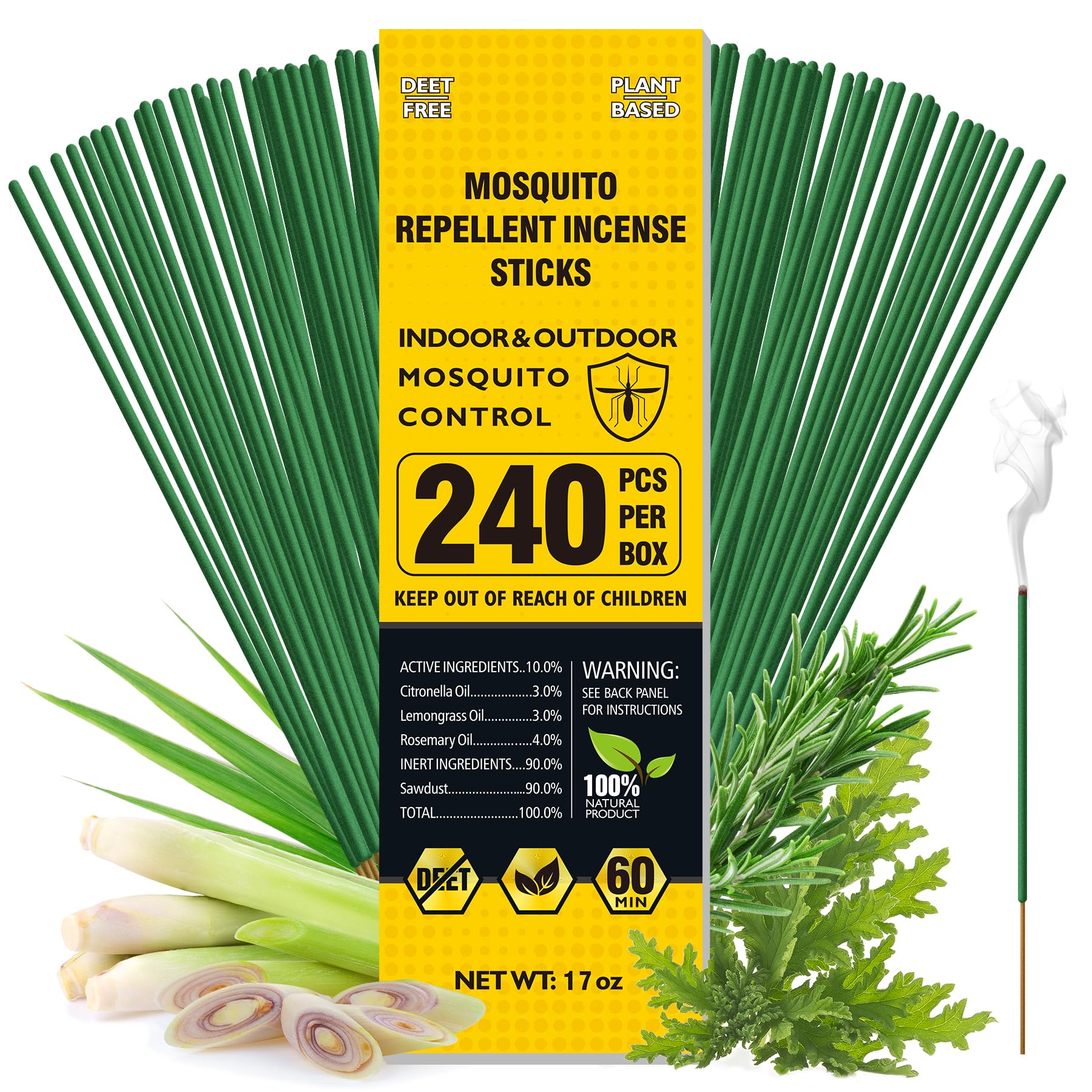 BugBai Mosquito Repellent Outdoor Patio 120 PCS, Citronella Oil Mosquito Incense Sticks Indoor Home Pet Family Safe, Natural Plant-Based Bug Insect Barrier for Yard Garden Lawn Camping Fishing, 0.5 lb