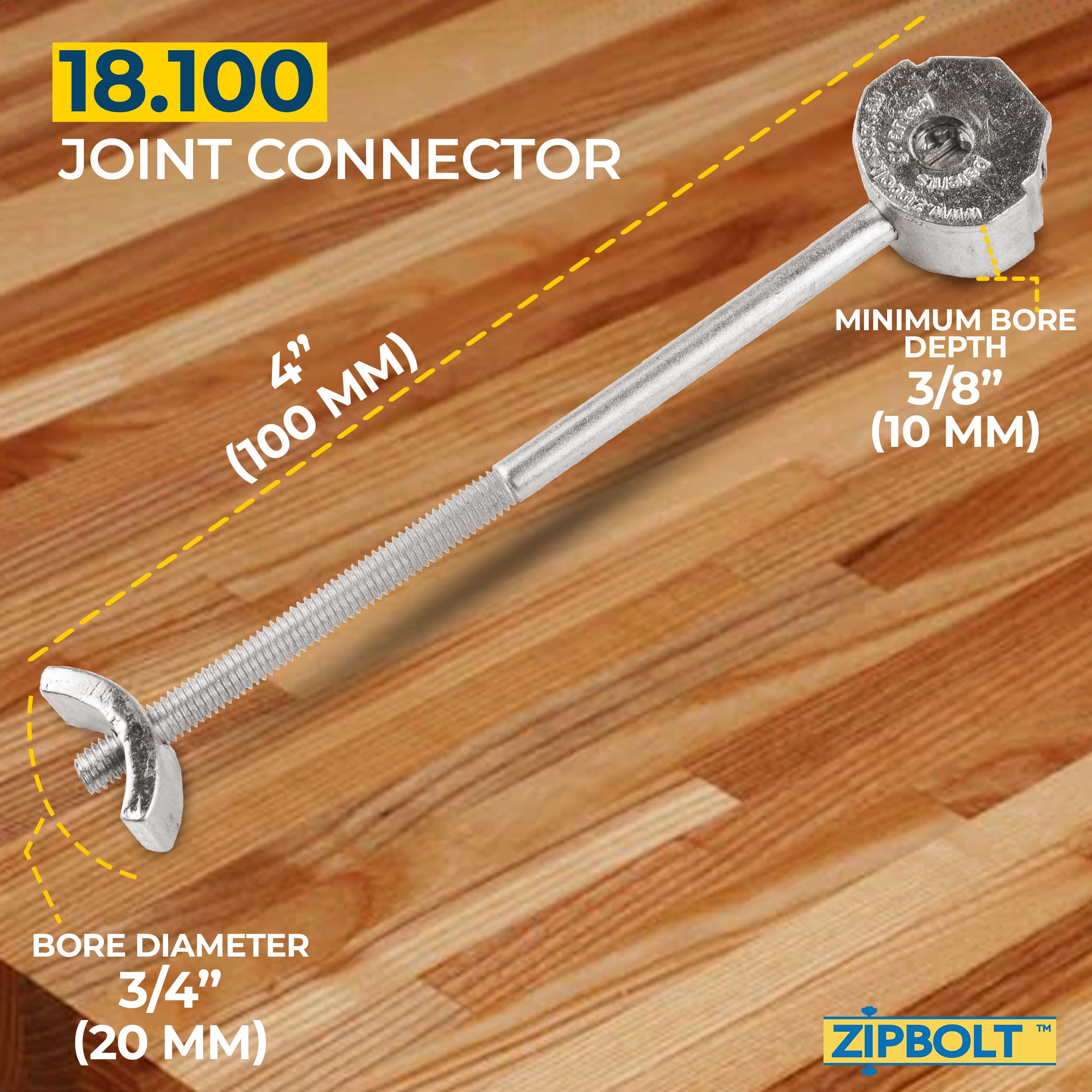 Zipbolt 10.800 Countertop Miter Connector — 20 Piece Joint Fastener Drawbolt Pack with 5mm Hex Bit for Joining Countertops, Butcher Blocks, Furniture, and More - Single-Handed Tightening