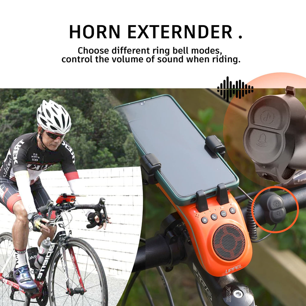 UPPEL Bluetooth Speaker Bicycle, Multifunctional Bike Phone Holder 10-in-1- LED Light - Bike Horn - Microphone - Ideal for Road & Mountain Bike (Black)