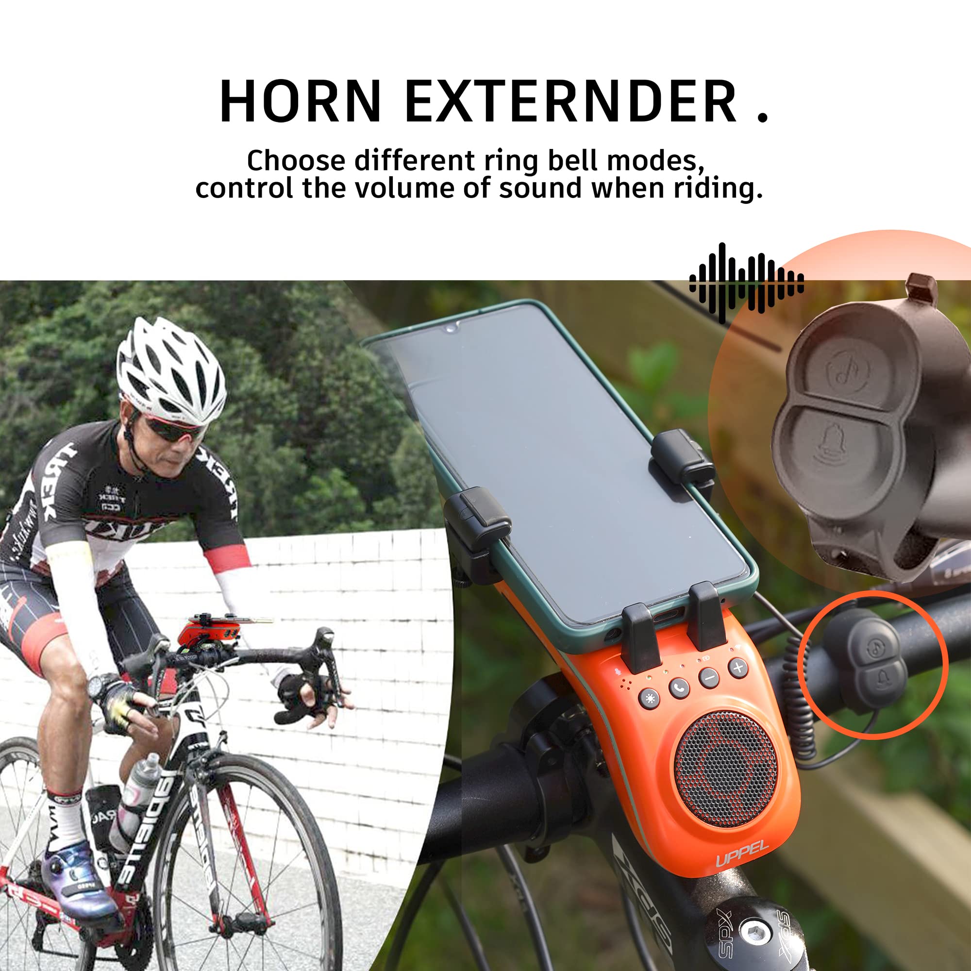 UPPEL Bluetooth Speaker Bicycle, Multifunctional Bike Phone Holder 10-in-1- LED Light - Bike Horn - Microphone - Ideal for Road & Mountain Bike (Black)