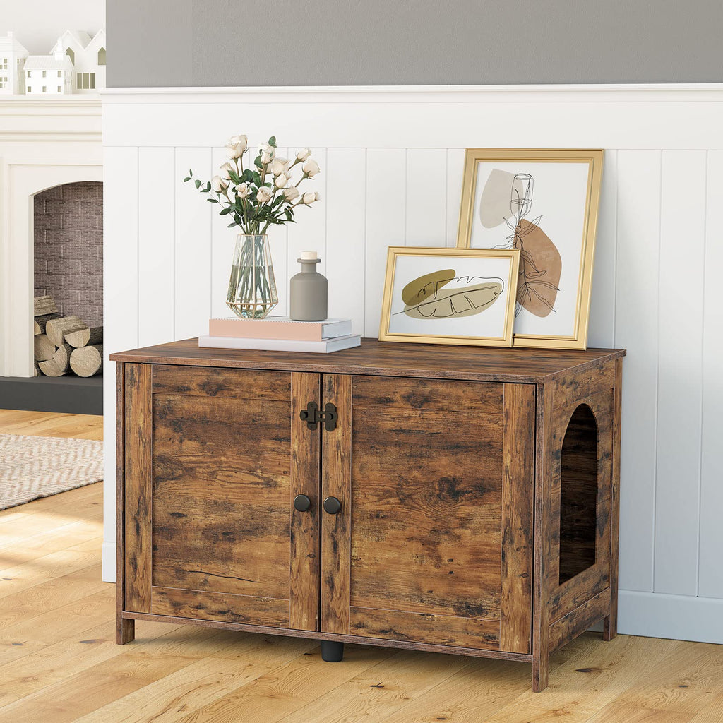 HOOBRO Litter Box Enclosure, Cat Litter Box Furniture with Removable Divider, Large Hidden Litter Box Furniture, Wooden Cat House, End Side Table, 31" L x 17.5" W x 19.7" H, Greige BG03MW01G2