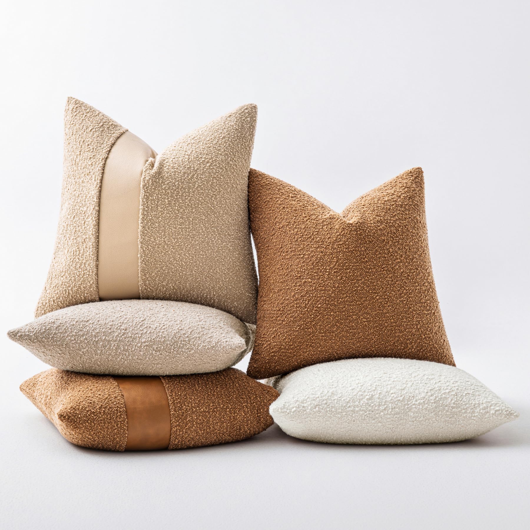 18"x18" Charcoal Black Boucle Throw Pillow Covers with Faux Leather Accents Set of 2 Fluffy Textured Decorative Pillow Cases for Couch Bed Boho Farmhouse Square Cushion Covers for Nordic Home