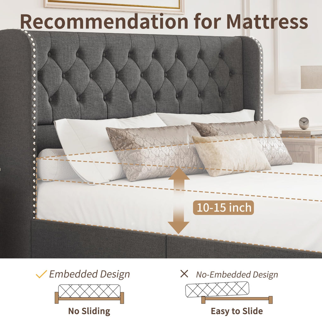 BRELTAM Full Size Bed Frame with Storage Drawers and Wingback Headboard Linen Upholstered Platform Bed Frame Tufted Beds with Heavy Duty Wood Slats, Noise Free, Easy Assembly, Beige