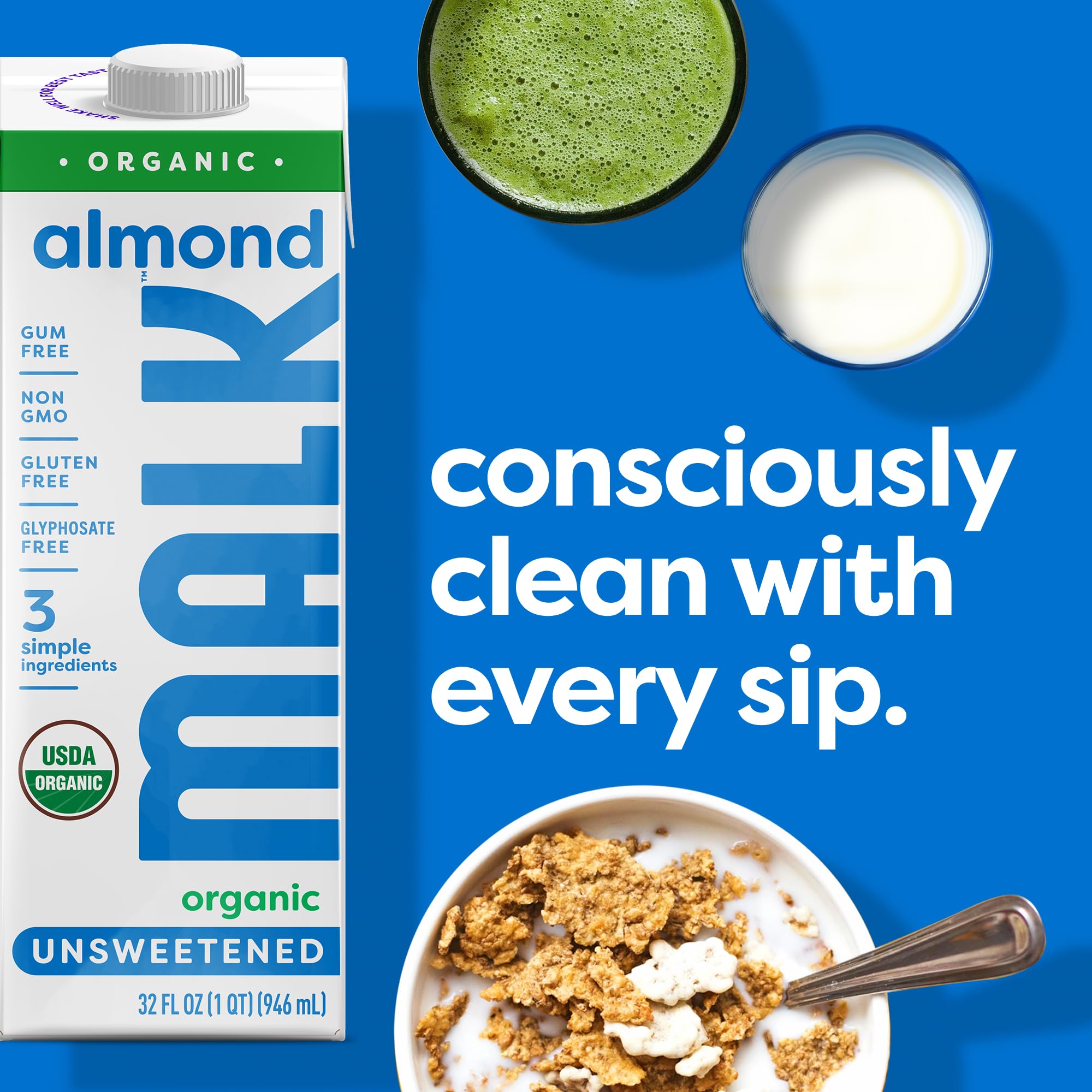 MALK Almond Milk Unsweetened (32oz, Pack of 6) - Shelf Stable Organic Almond Milk, Non GMO, Whole 30, Dairy Free, Vegan, Plant Based, No Gums or Fillers - Malk for Smoothies, Cereal, Coffee,Creamer